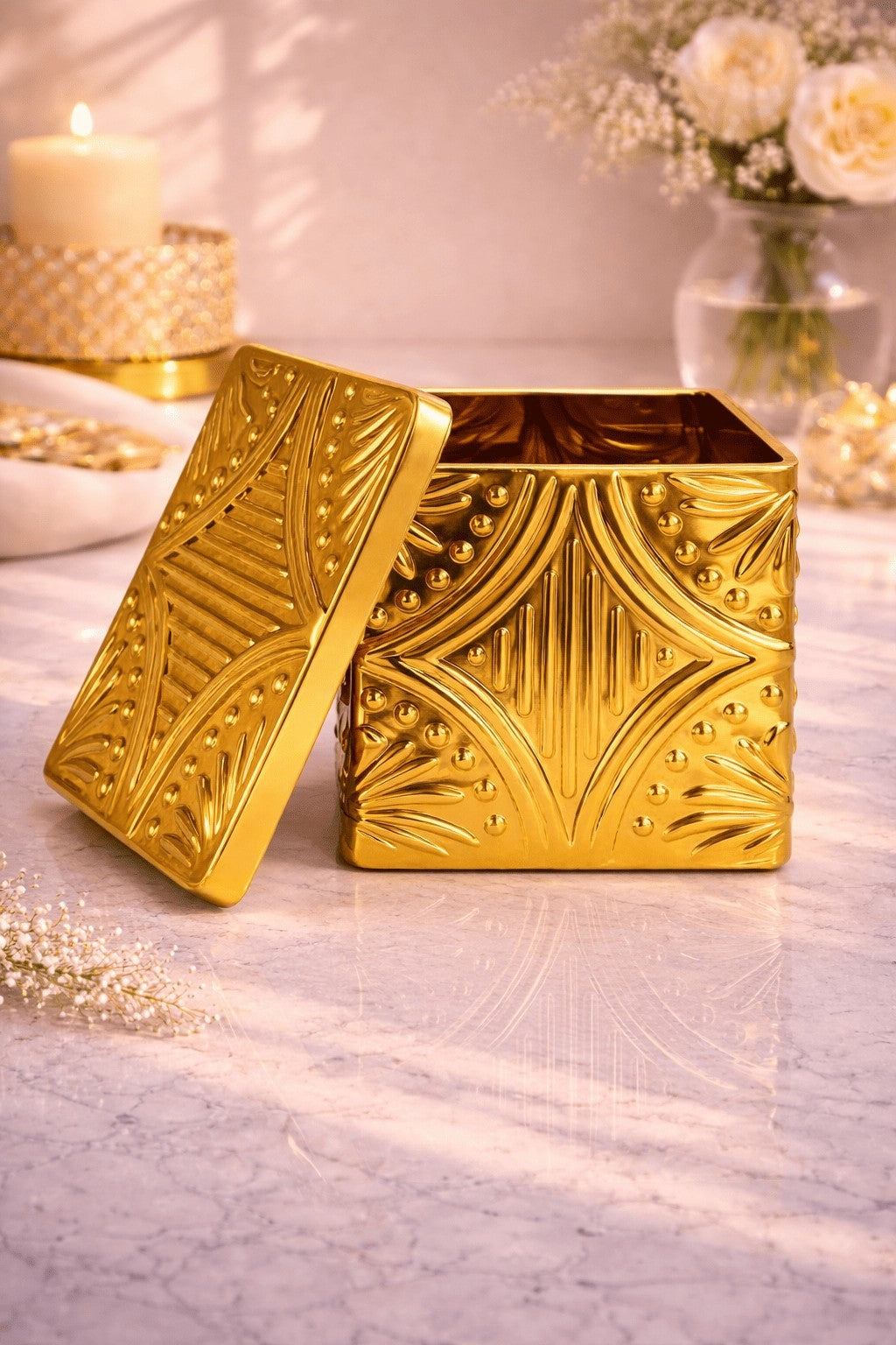 Embossed Square Metal Jar | Gold & Silver — Castle Crafts