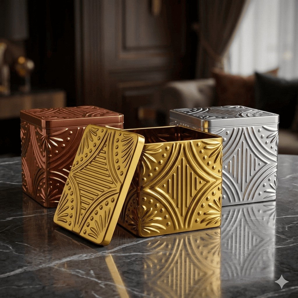 Embossed Square Metal Jar | Gold & Silver — Castle Crafts