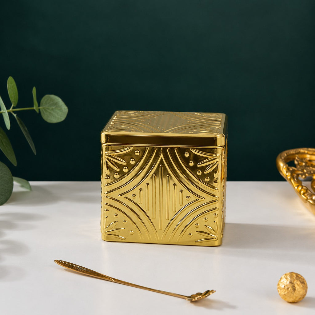 Embossed Square Metal Jar | Gold & Silver — Castle Crafts