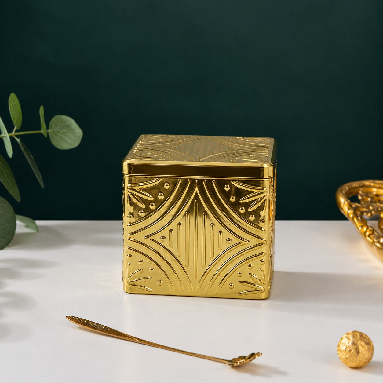 Embossed Square Metal Jar | Gold & Silver — Castle Crafts
