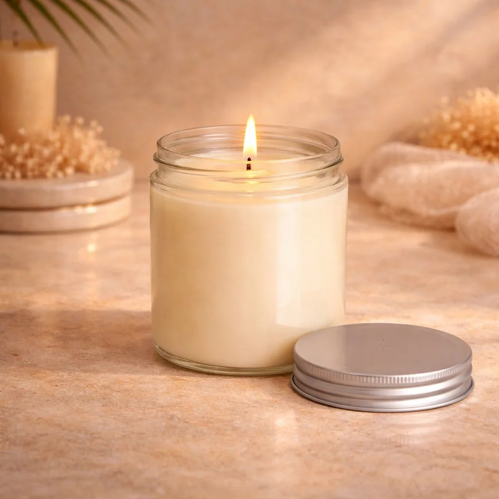 Vanilla Amber Glass Jar Soy Wax Candle | Silver Lid — Hand-Blown Glass from Firozabad, India — Texture & Craftsmanship