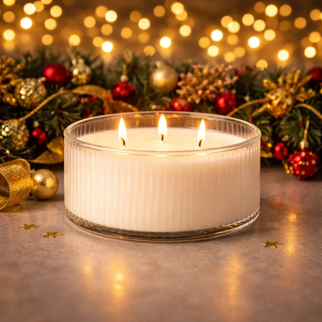 Jasmine 3-Wick Wide Ribbed Bowl Soy Wax Candle | Large — Hand-Blown Glass from Firozabad, India — Texture & Craftsmanship