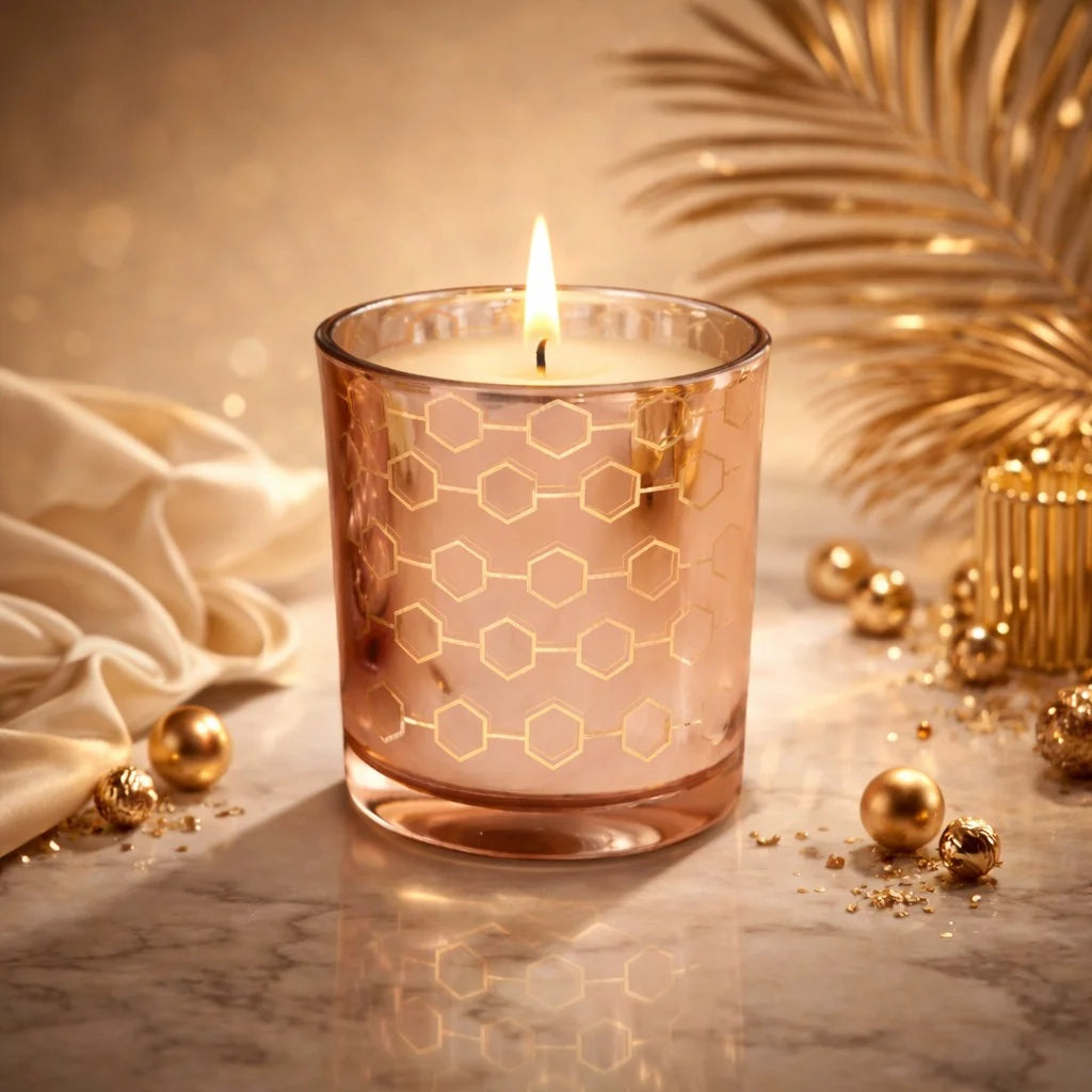 Rose Honeycomb Glass Soy Wax Candle | Premium Home Décor — Hand-Blown Glass from Firozabad, India — Texture & Craftsmanship