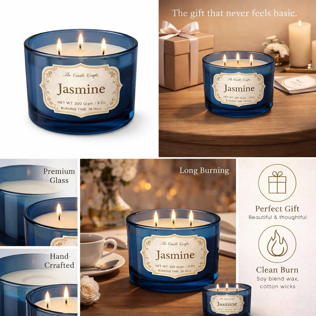 Jasmine 3-Wick Signature Glass Jar Candle | Large Luxury — Hand-Blown Glass from Firozabad, India — Colour Variant