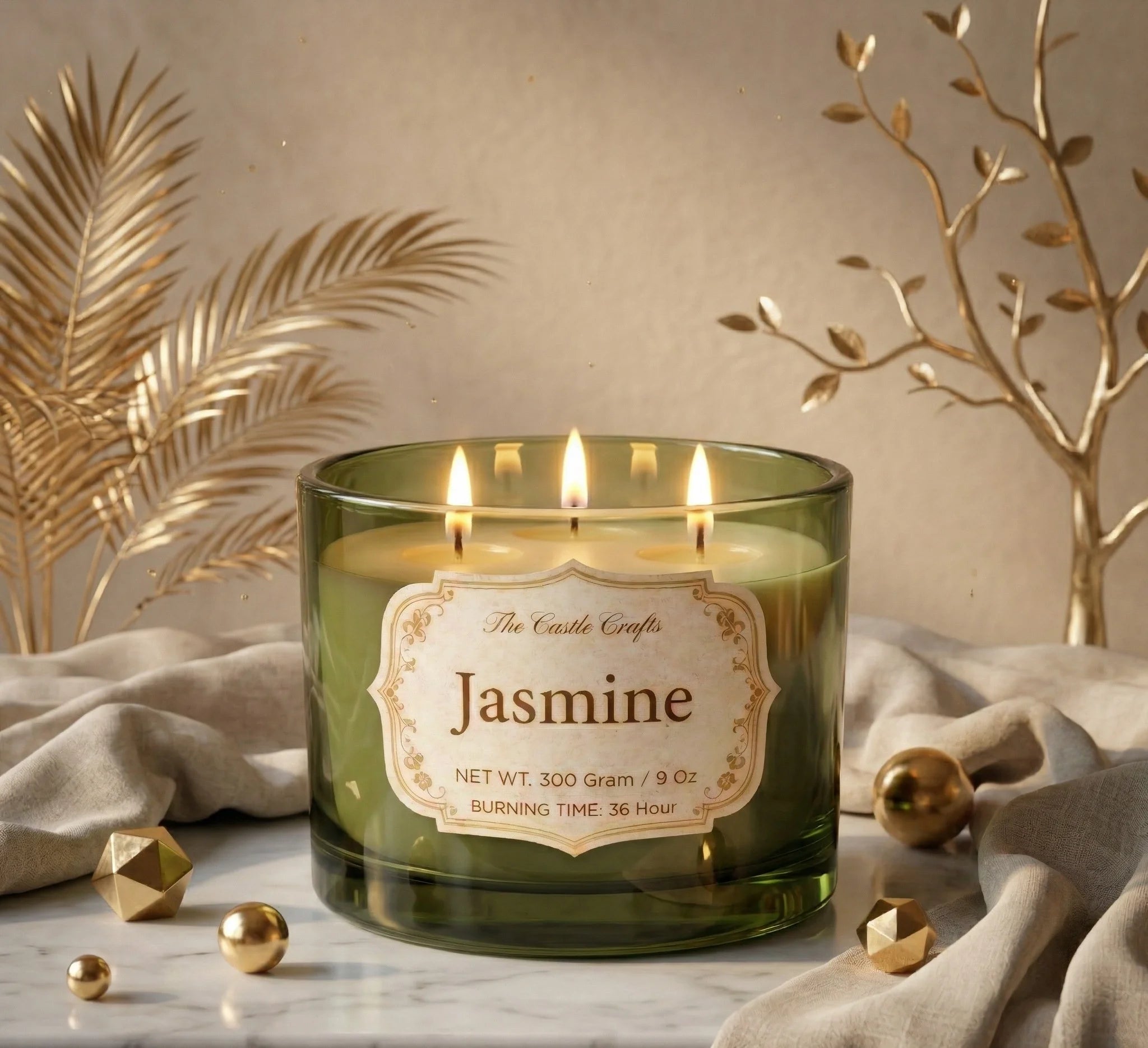 Jasmine 3-Wick Signature Glass Jar Candle | Large Luxury — Hand-Blown Glass from Firozabad, India — Lifestyle Setting