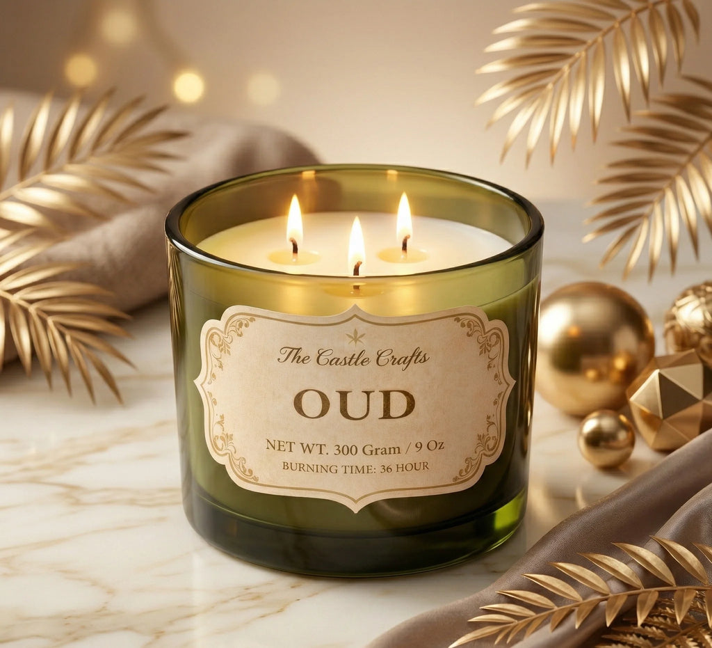 Oud 3-Wick Signature Glass Jar Candle | Large Luxury — Hand-Blown Glass from Firozabad, India — Texture & Craftsmanship