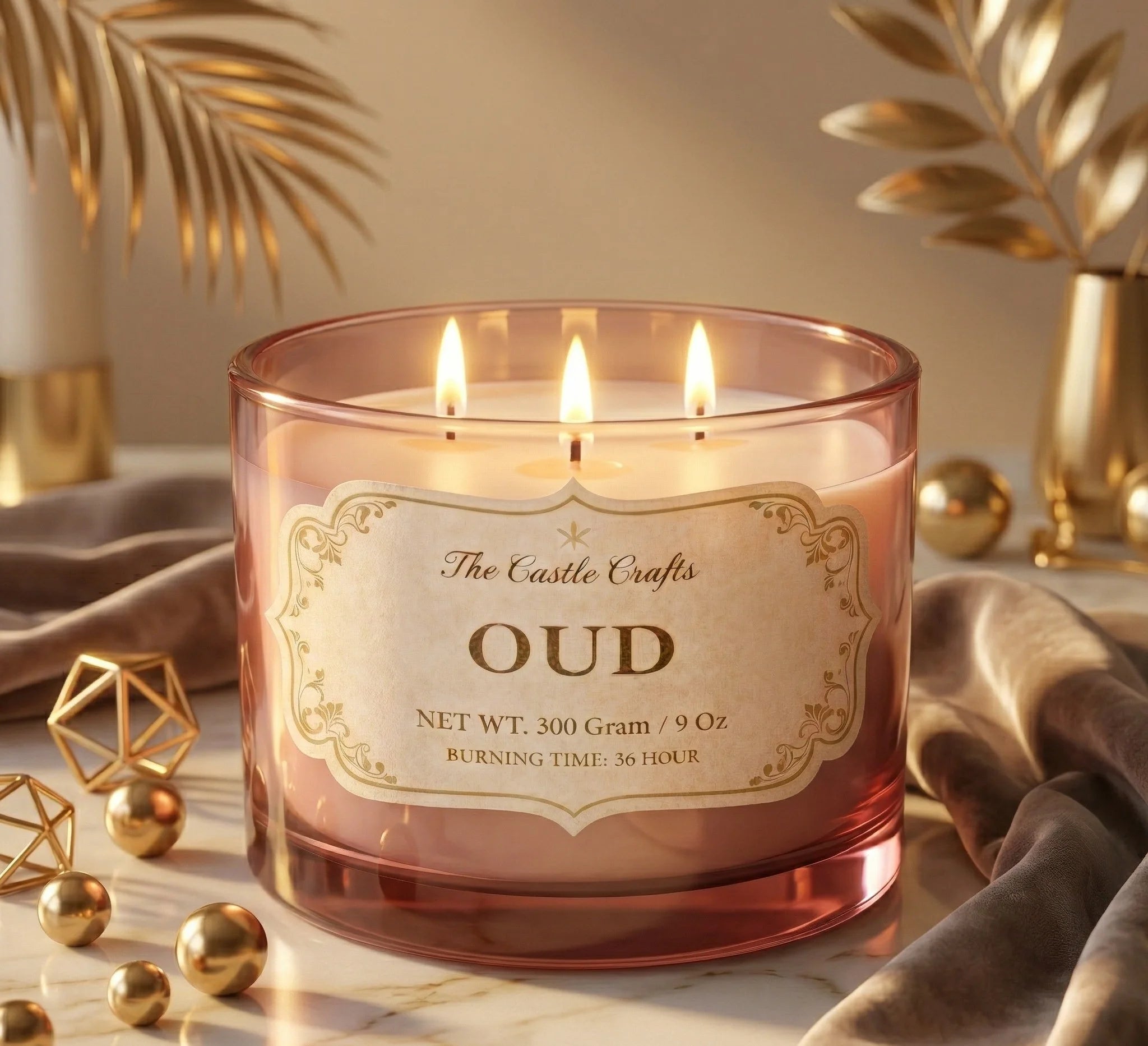 Oud 3-Wick Signature Glass Jar Candle | Large Luxury — Hand-Blown Glass from Firozabad, India — Top View