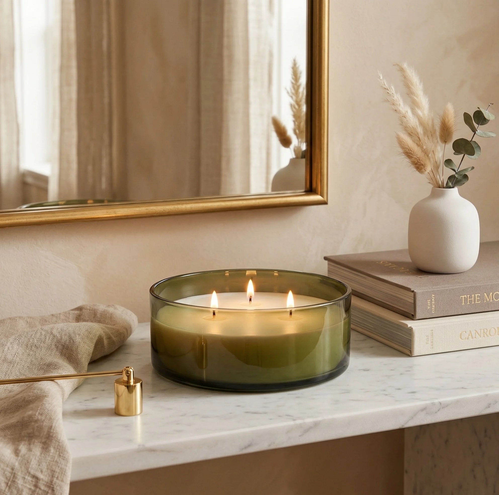 Oud 3-Wick Large Glass Bowl Candle | Premium Luxury Gift — Hand-Blown Glass from Firozabad, India — Lifestyle Setting