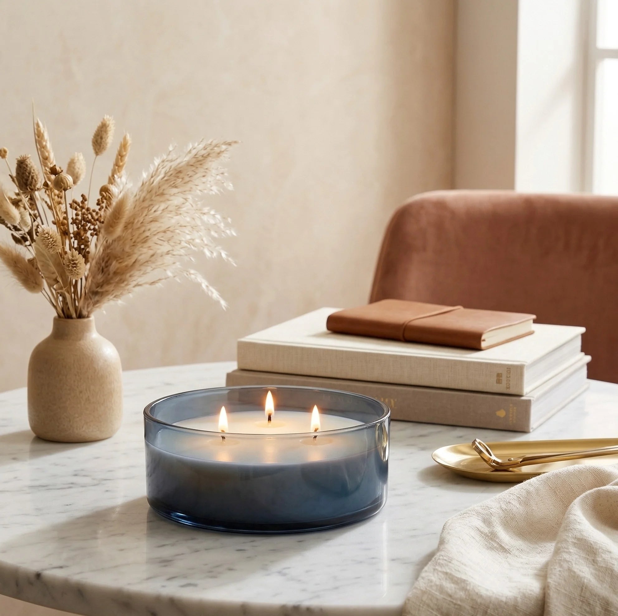 Oud 3-Wick Large Glass Bowl Candle | Premium Luxury Gift — Hand-Blown Glass from Firozabad, India — In a Living Space