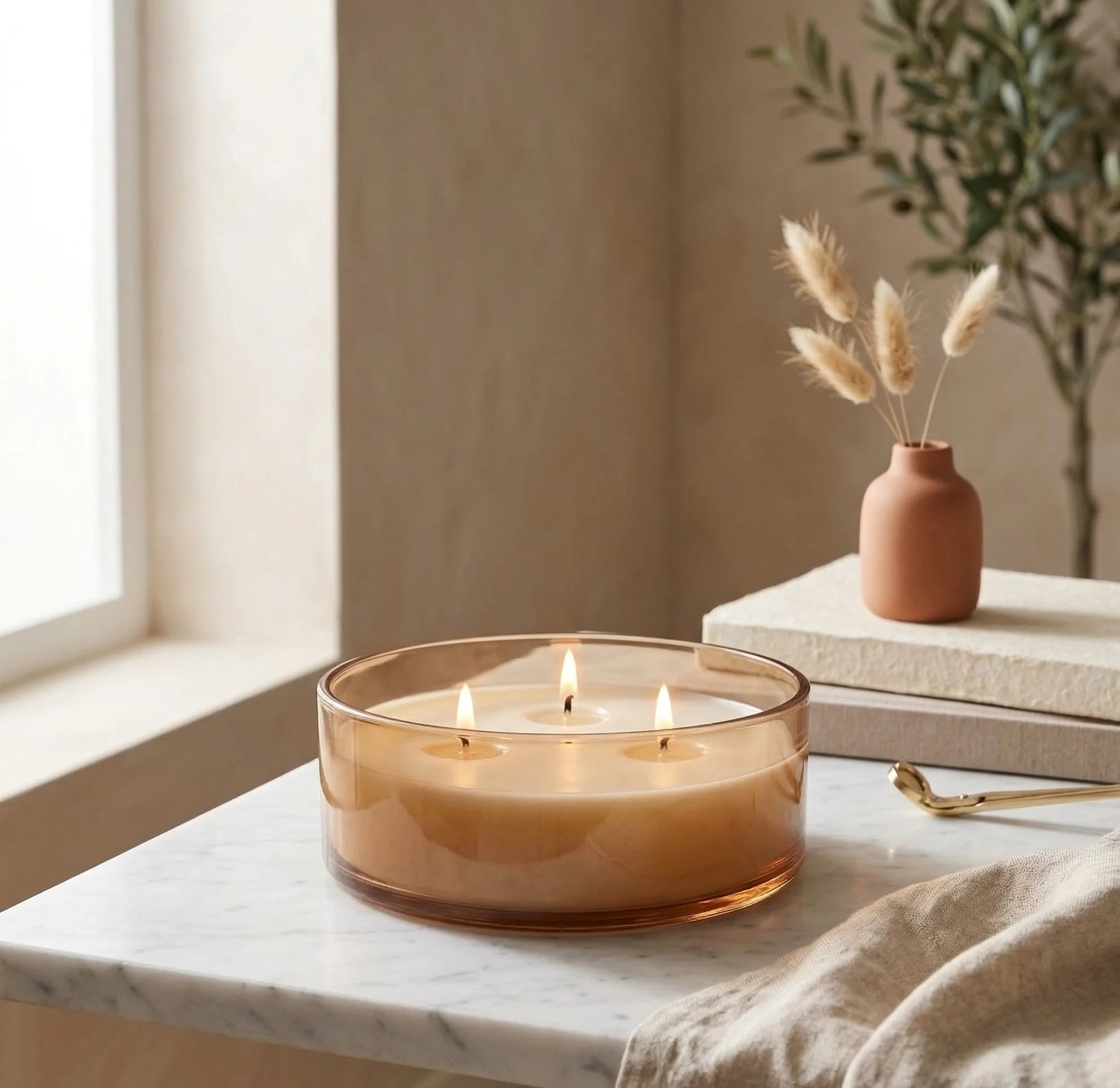 Oud 3-Wick Large Glass Bowl Candle | Premium Luxury Gift — Hand-Blown Glass from Firozabad, India — Gifting Presentation