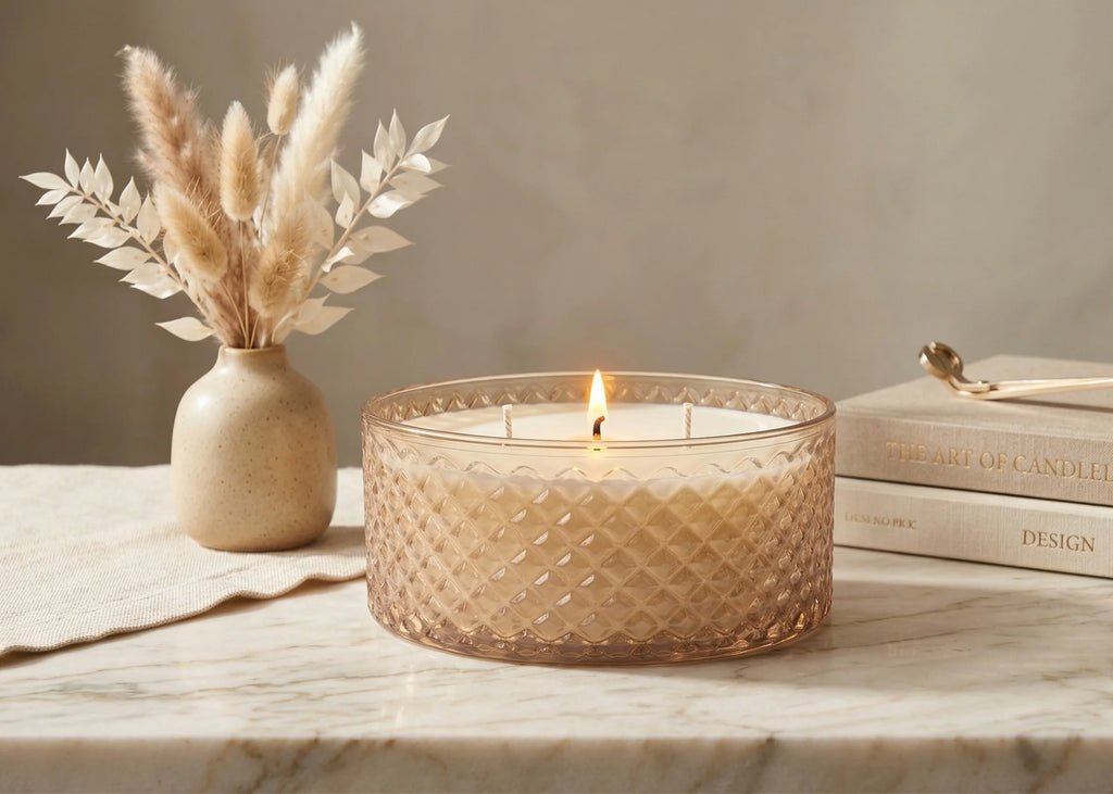 Musk 3-Wick Diamond Texture Glass Bowl Candle | Large Luxury — Hand-Blown Glass from Firozabad, India — Detail Close-Up