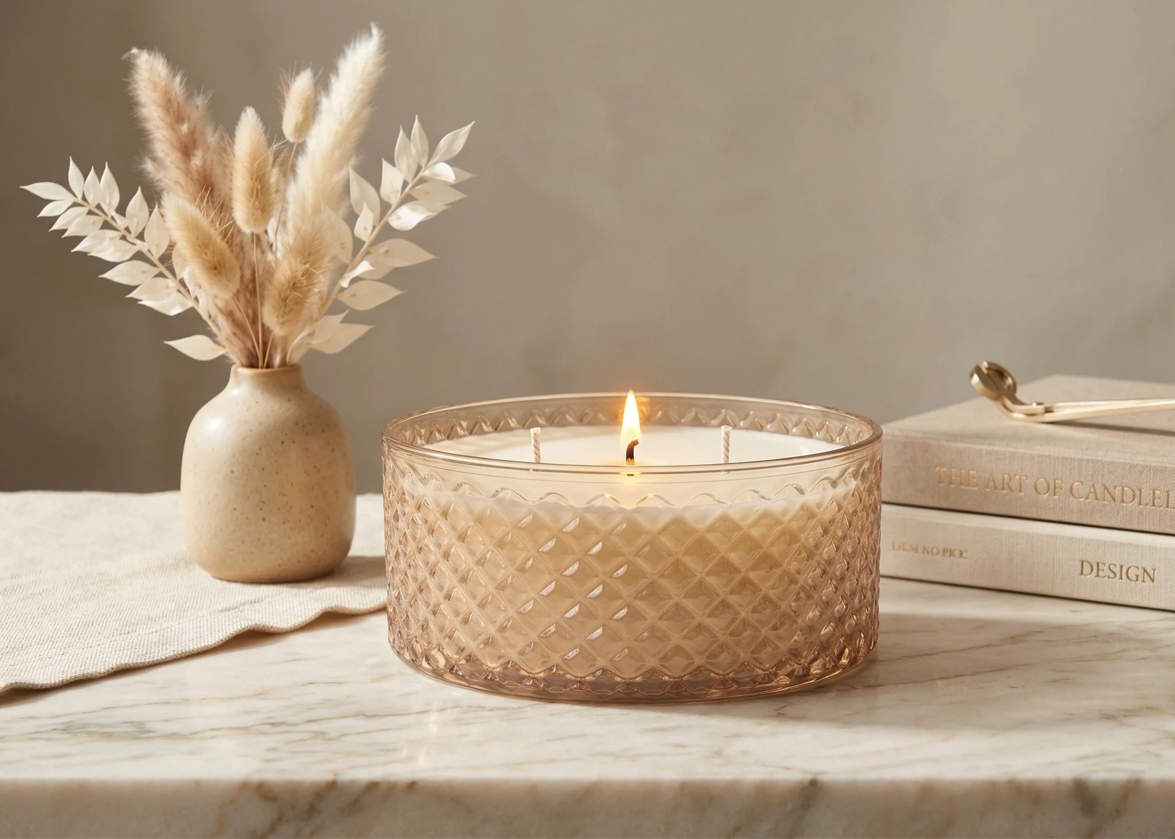 Musk 3-Wick Diamond Texture Glass Bowl Candle | Large Luxury — Hand-Blown Glass from Firozabad, India — Detail Close-Up