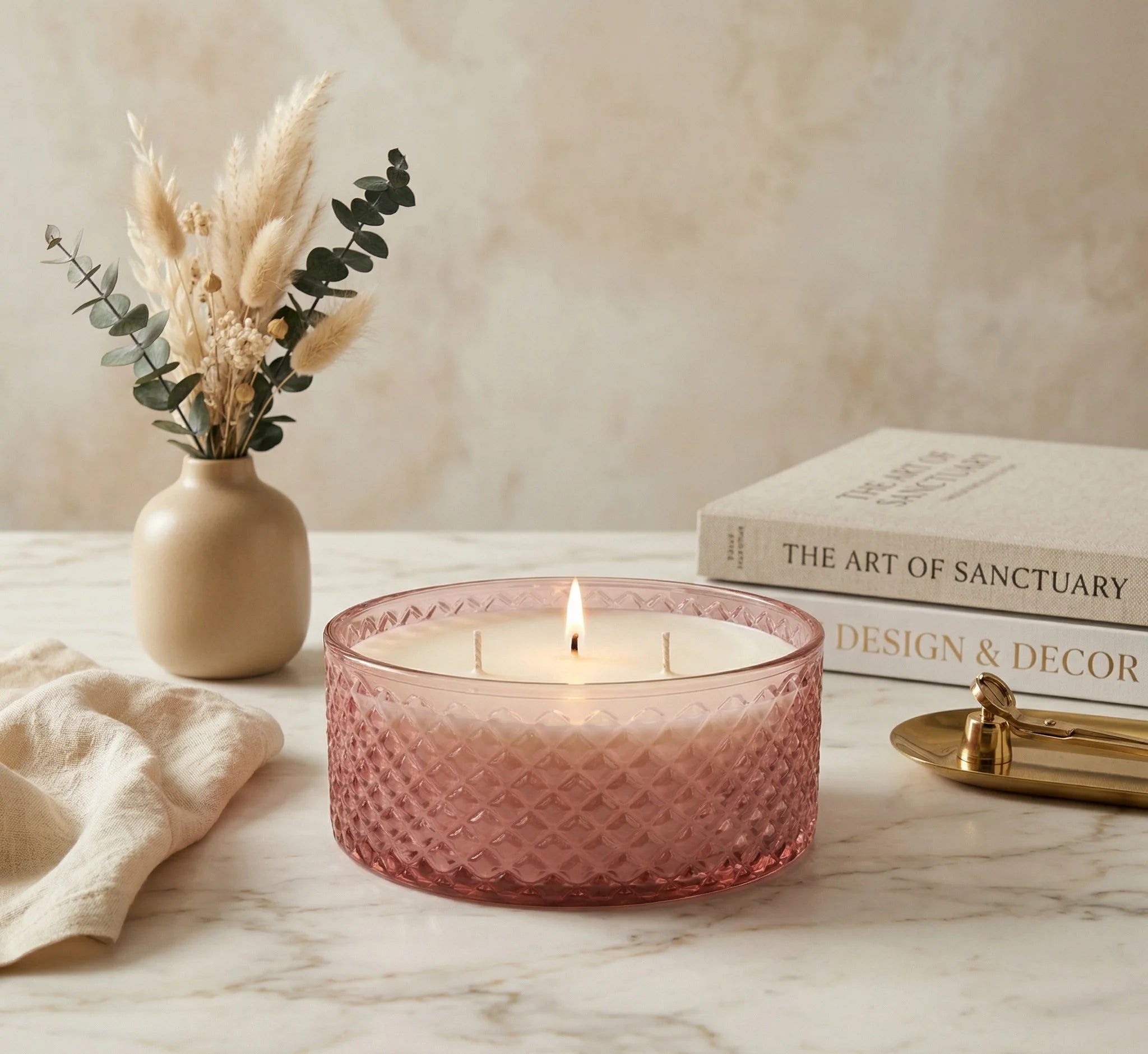 Musk 3-Wick Diamond Texture Glass Bowl Candle | Large Luxury — Hand-Blown Glass from Firozabad, India — Lifestyle Setting