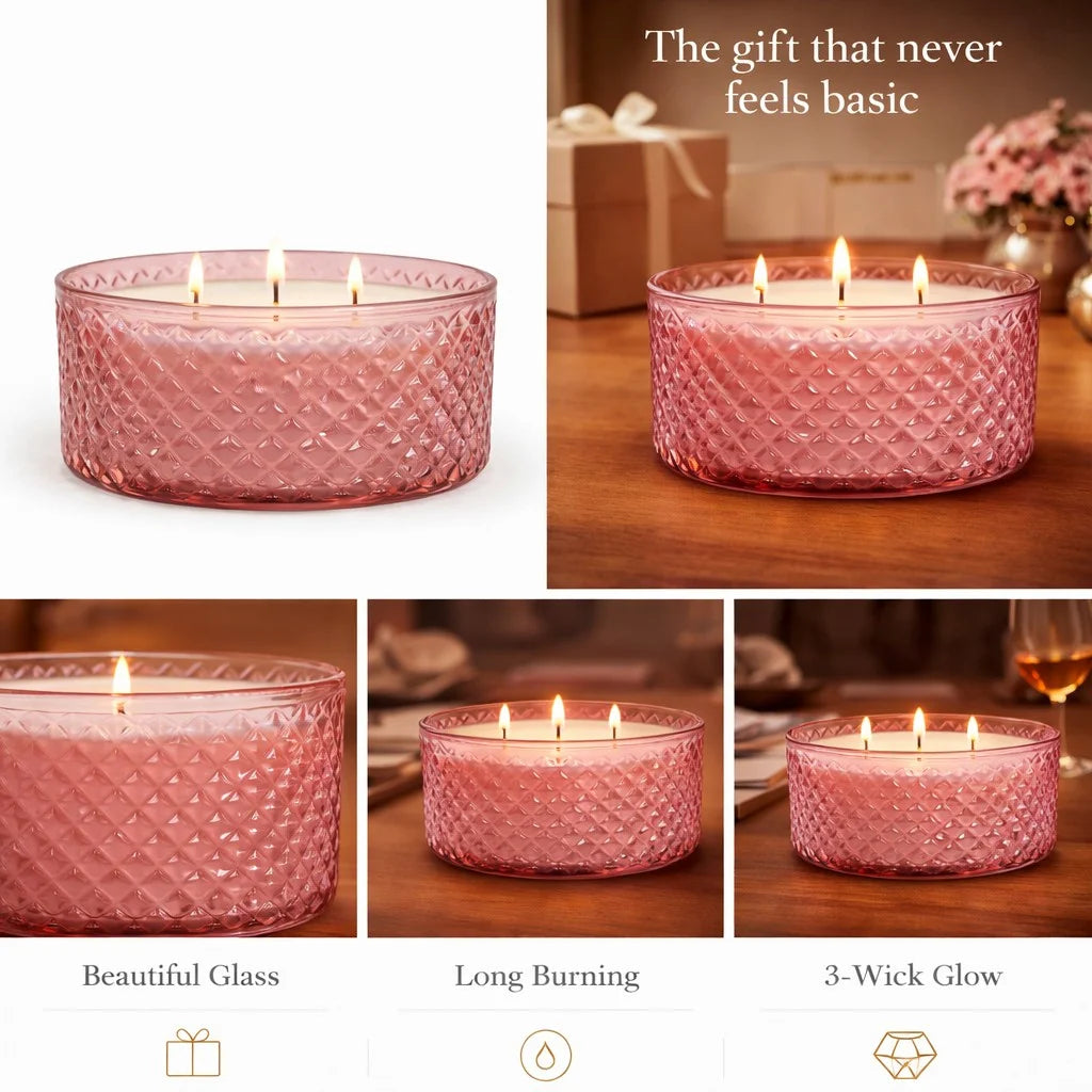 Musk 3-Wick Diamond Texture Glass Bowl Candle | Large Luxury — Hand-Blown Glass from Firozabad, India — Gifting Presentation
