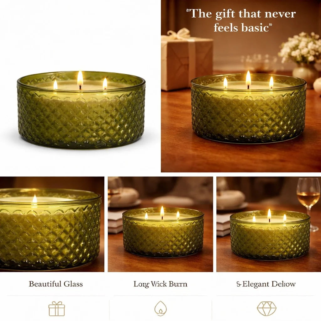 Musk 3-Wick Diamond Texture Glass Bowl Candle | Large Luxury — Hand-Blown Glass from Firozabad, India — Top View