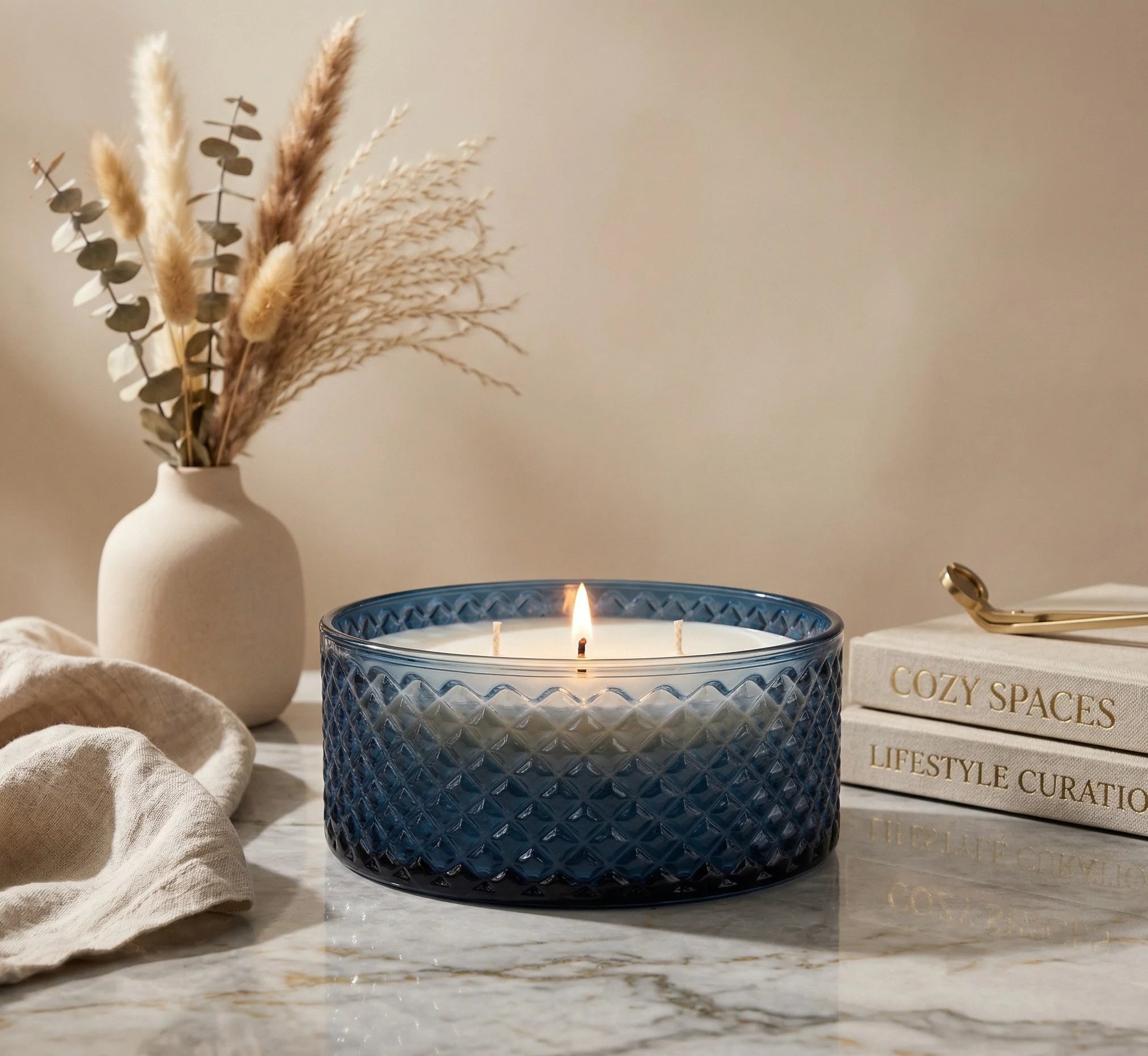Musk 3-Wick Diamond Texture Glass Bowl Candle | Large Luxury — Hand-Blown Glass from Firozabad, India — Colour Variant