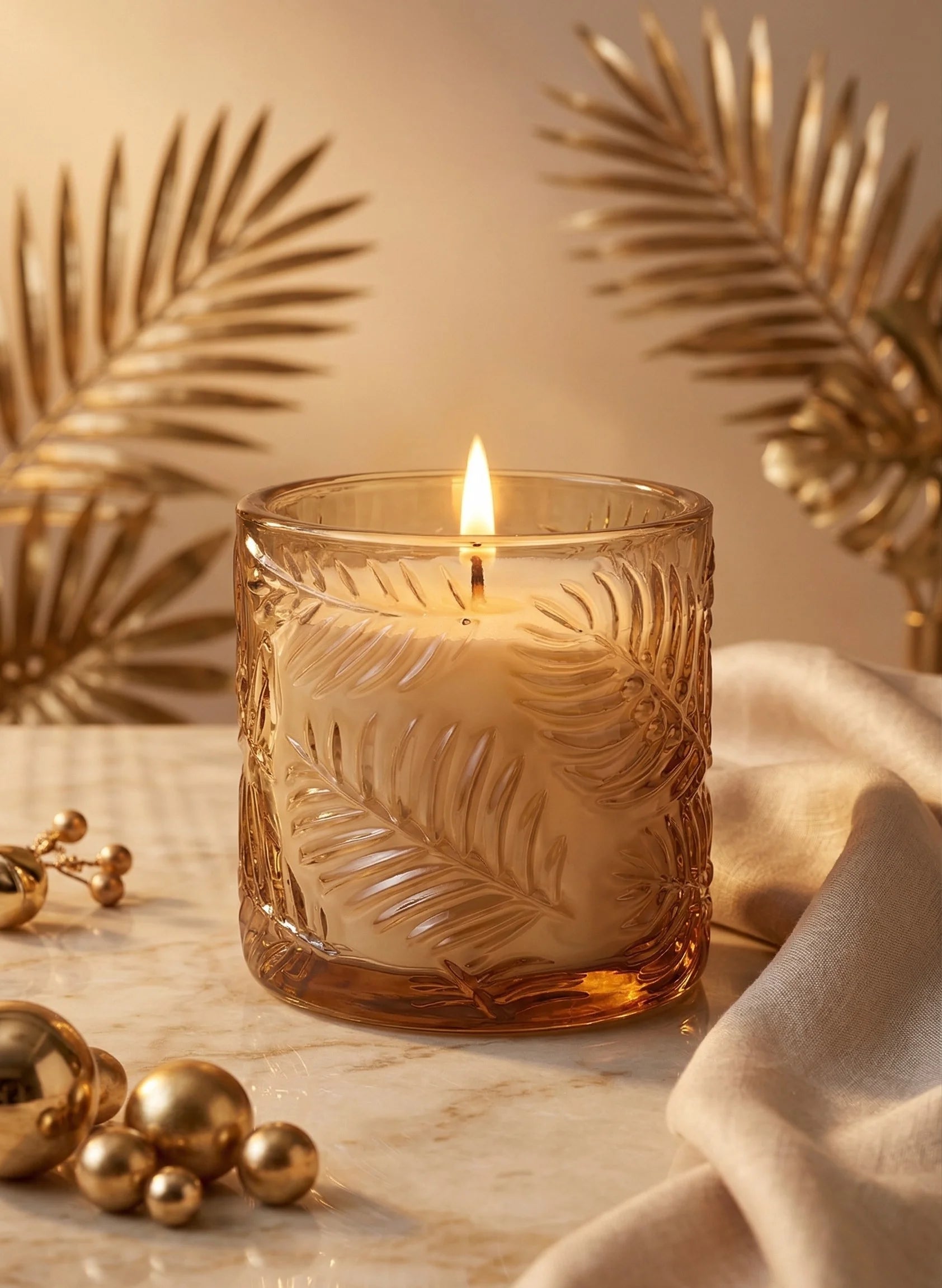 Lilly Bloom Leaf Embossed Glass Soy Wax Candle | Botanical Gift — Hand-Blown Glass from Firozabad, India — Colour Variant