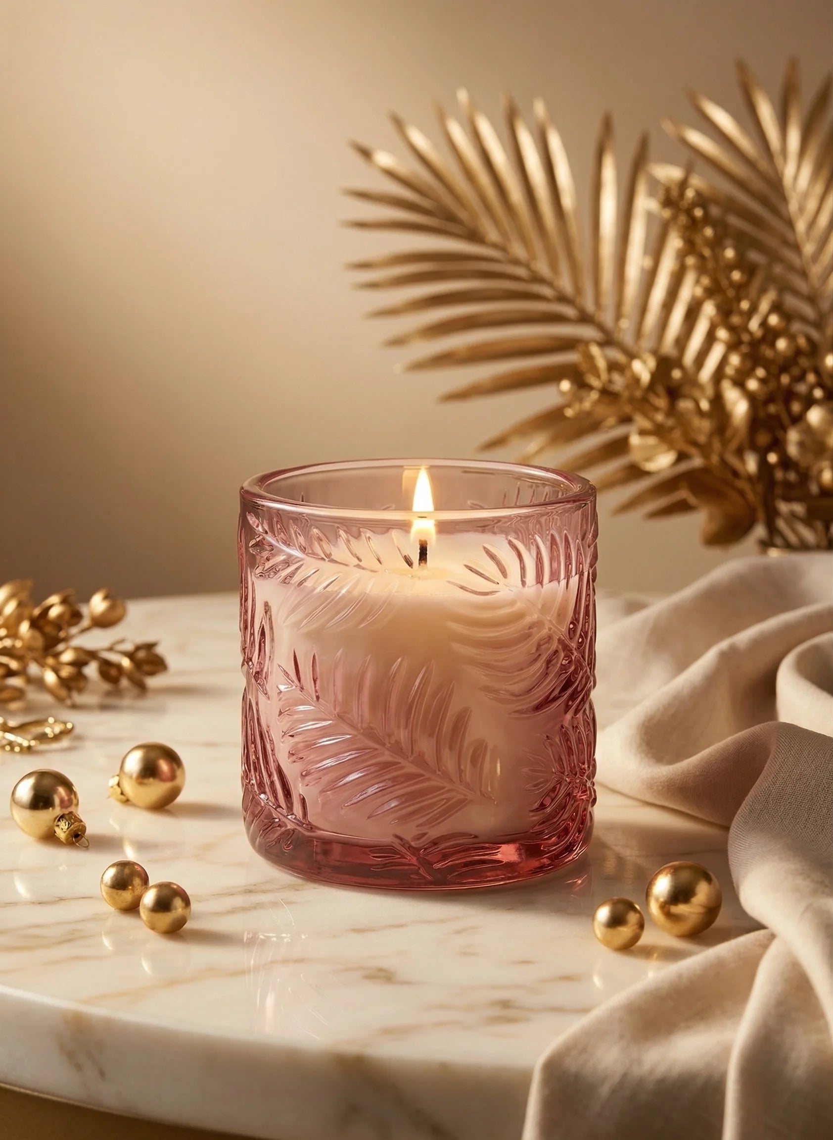 Lilly Bloom Leaf Embossed Glass Soy Wax Candle | Botanical Gift — Hand-Blown Glass from Firozabad, India — Texture & Craft...