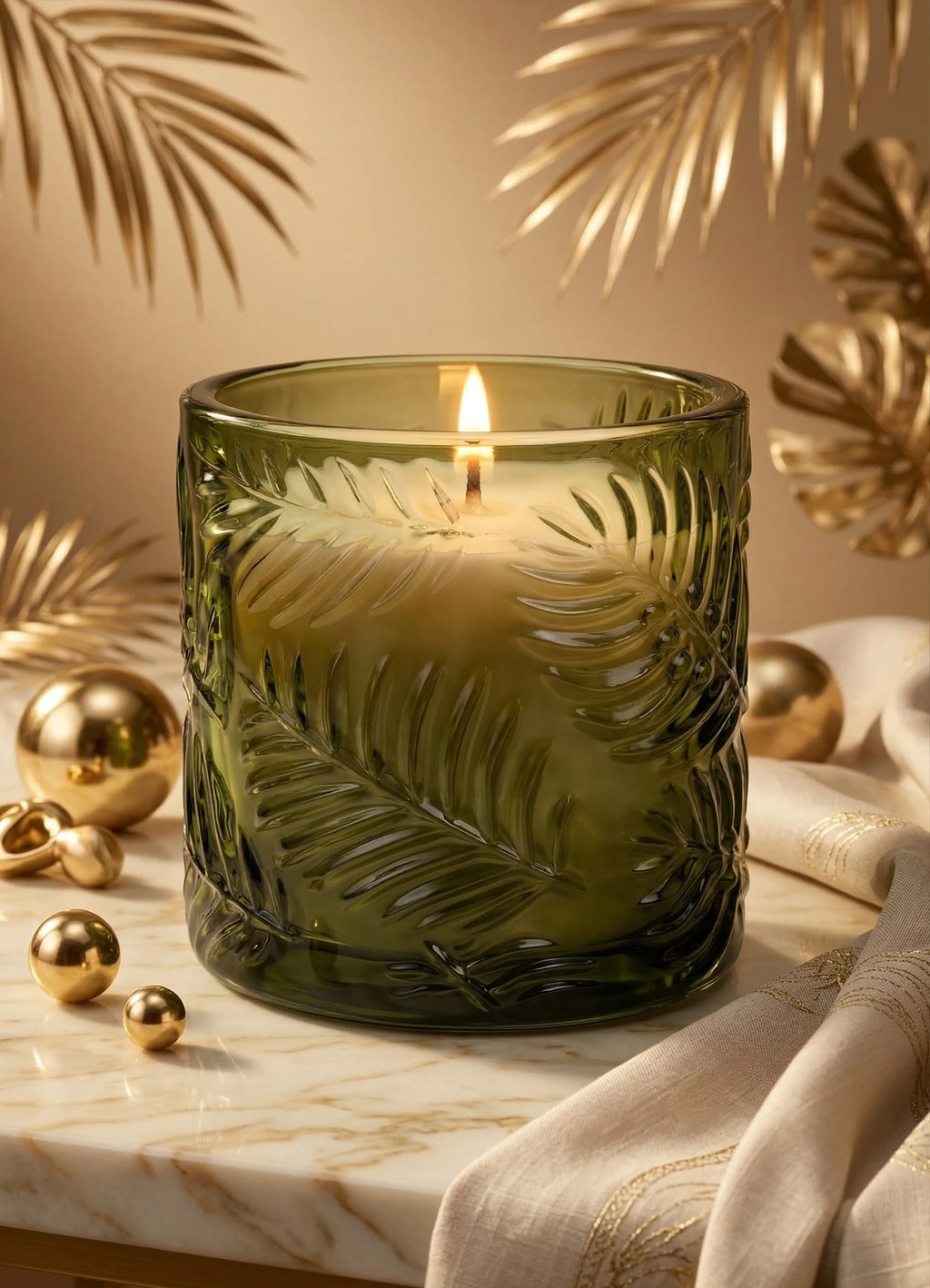 Lilly Bloom Leaf Embossed Glass Soy Wax Candle | Botanical Gift — Hand-Blown Glass from Firozabad, India — Detail Close-Up