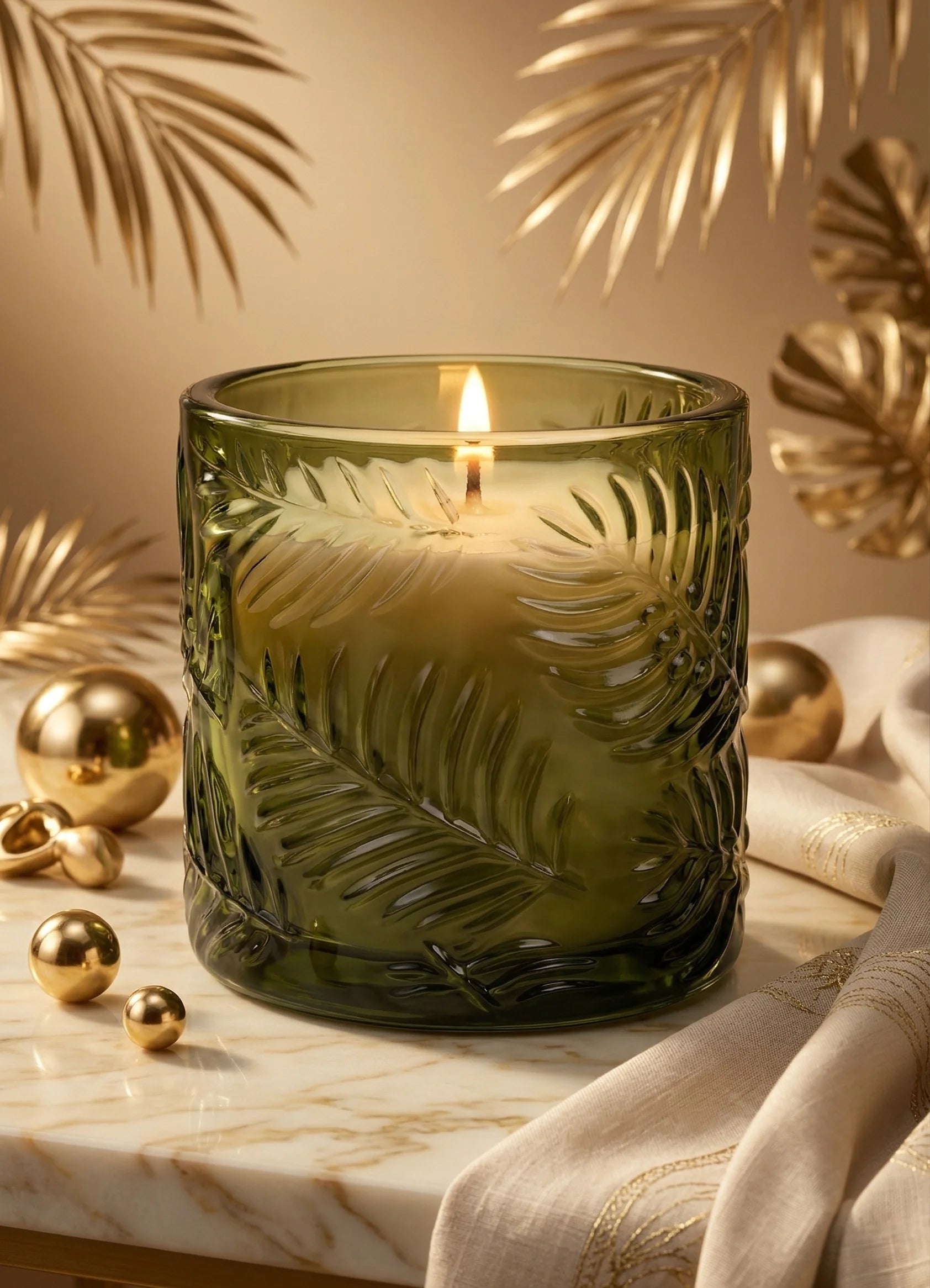 Lilly Bloom Leaf Embossed Glass Soy Wax Candle | Botanical Gift — Hand-Blown Glass from Firozabad, India — Detail Close-Up