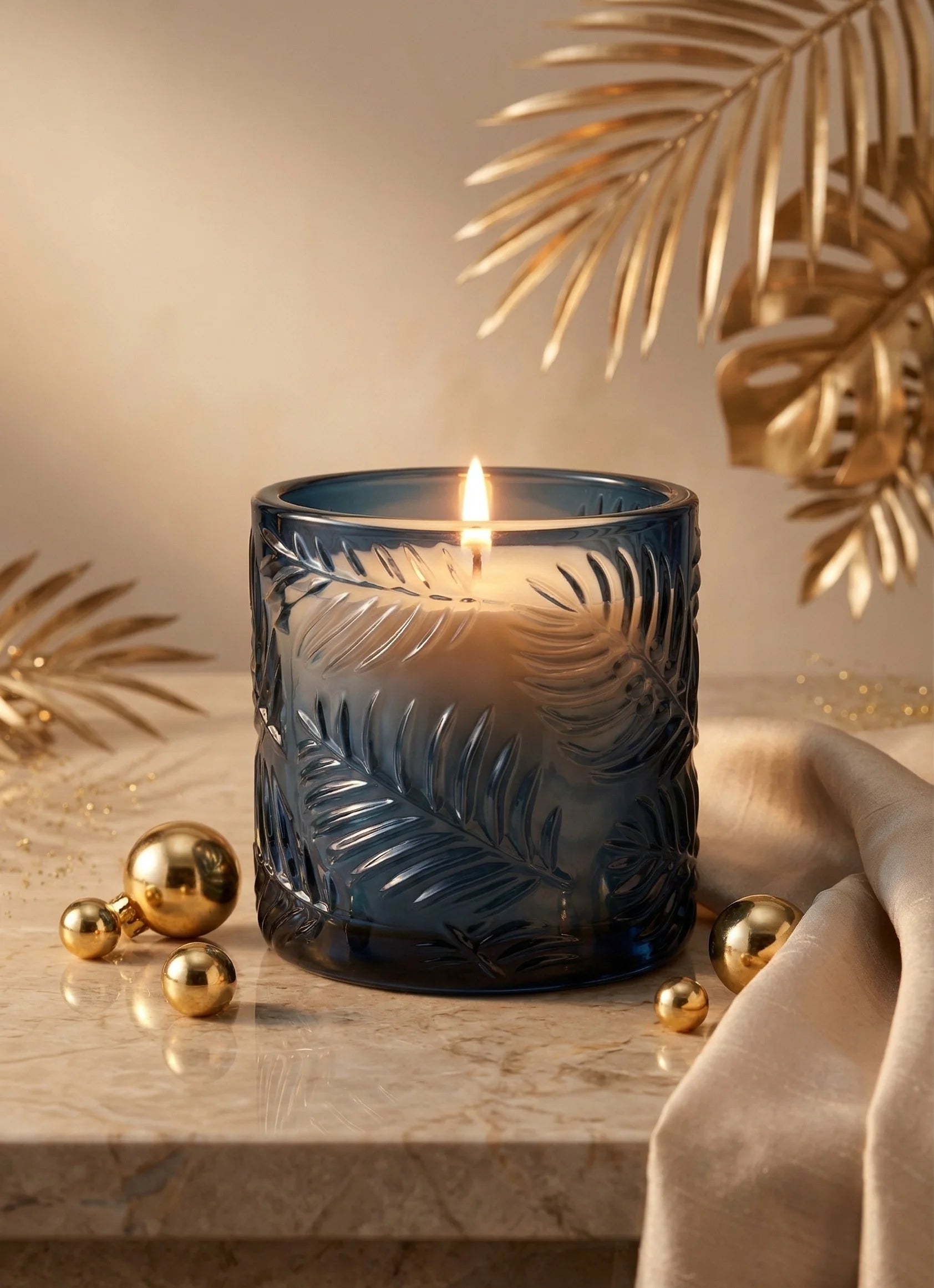 Lilly Bloom Leaf Embossed Glass Soy Wax Candle | Botanical Gift — Hand-Blown Glass from Firozabad, India — Lifestyle Setting