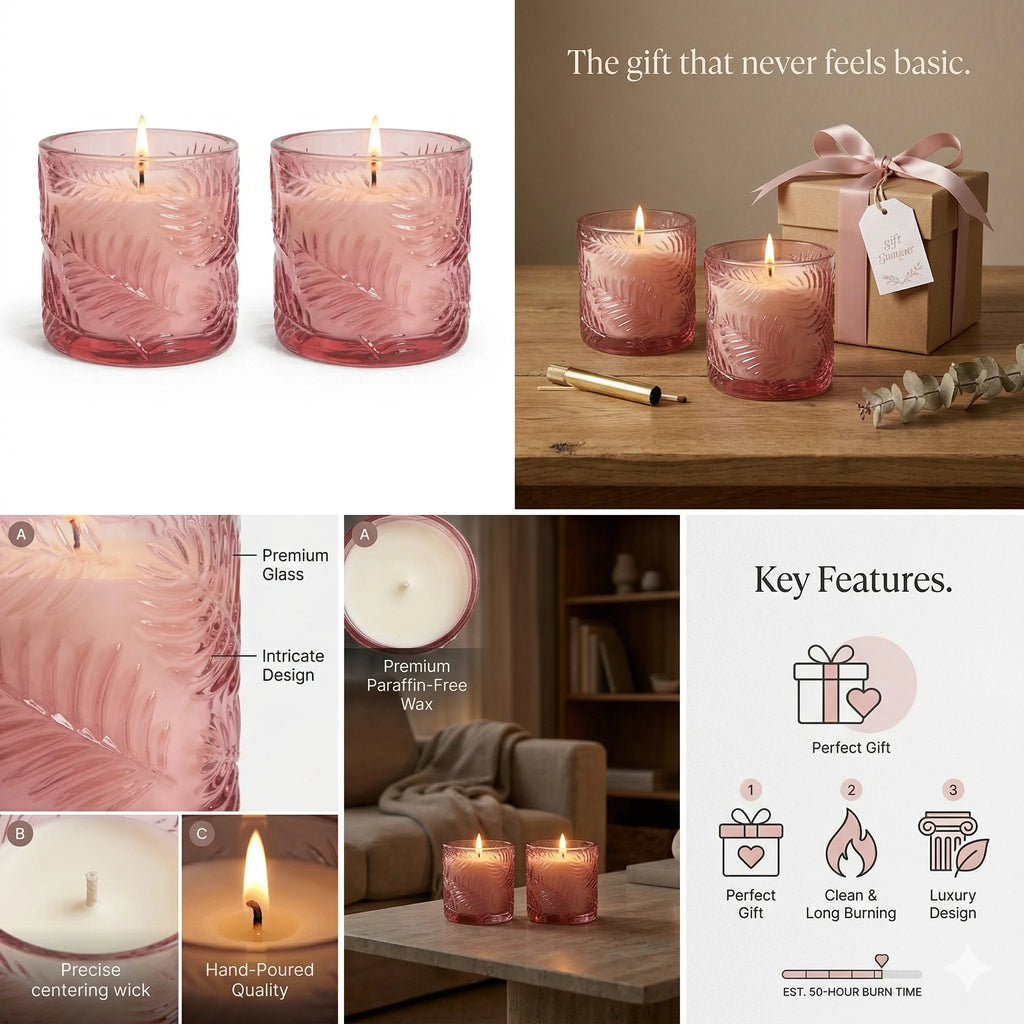 Lilly Bloom Leaf Embossed Glass Soy Wax Candle | Botanical Gift — Hand-Blown Glass from Firozabad, India — Top View