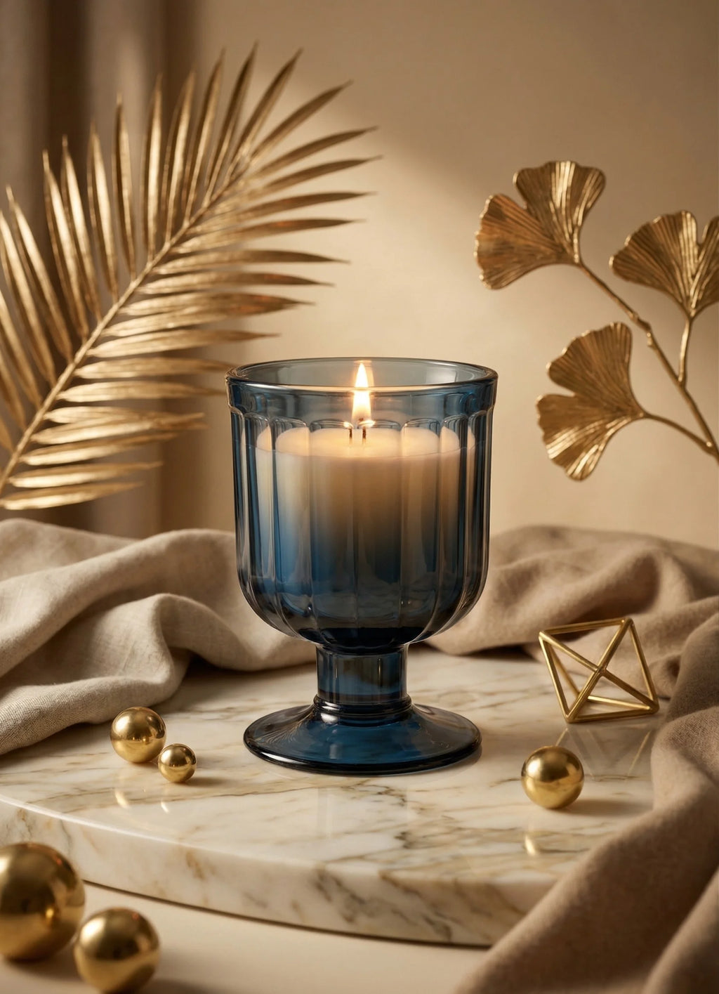 Sandalwood Goblet Glass Soy Wax Candle | Luxury Home Décor — Hand-Blown Glass from Firozabad, India — Lifestyle Setting