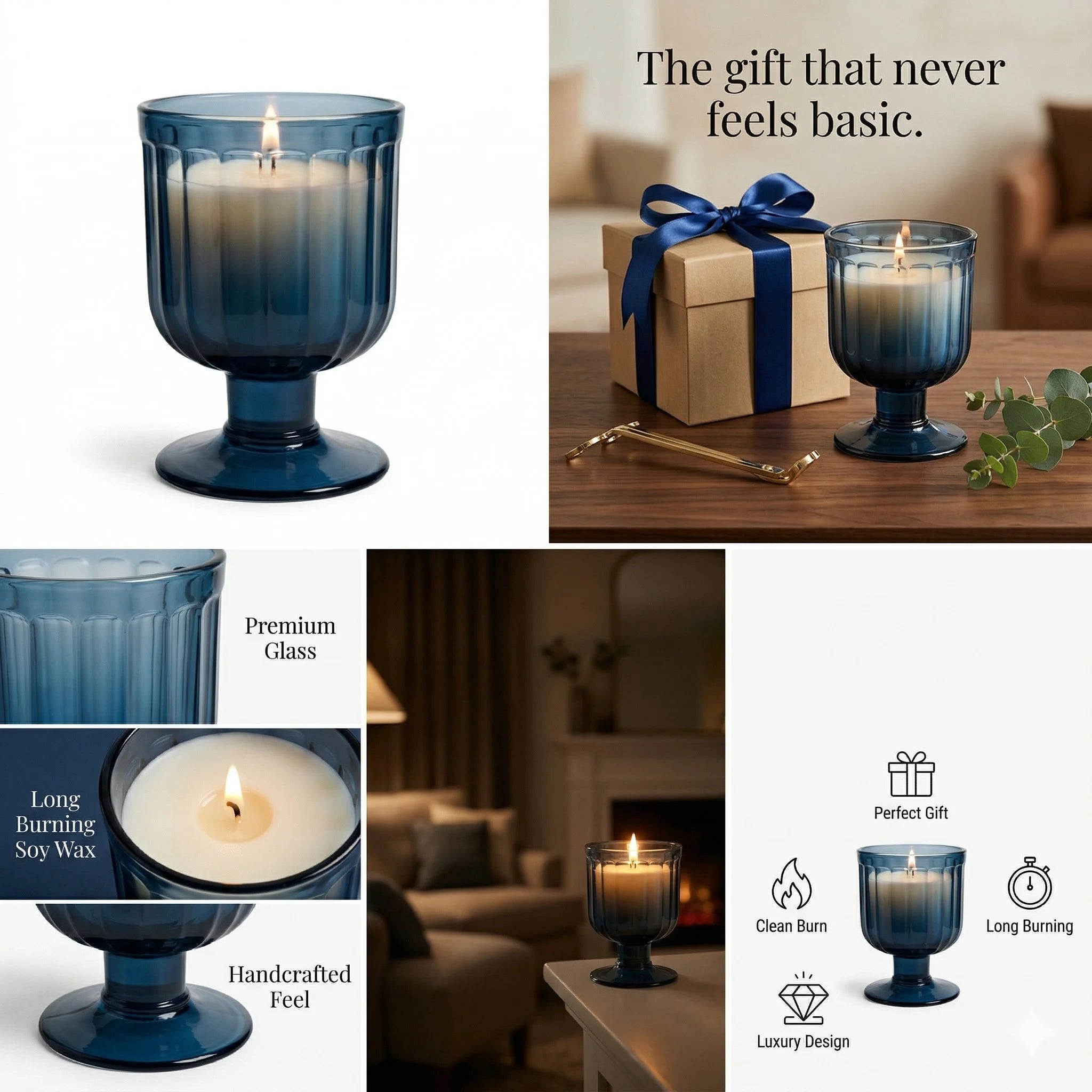 Sandalwood Goblet Glass Soy Wax Candle | Luxury Home Décor — Hand-Blown Glass from Firozabad, India — Festive Styling