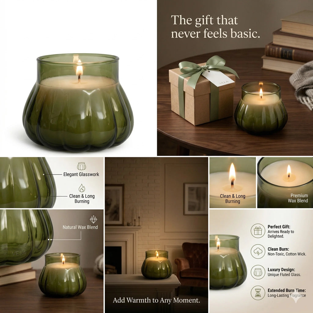 Rose Pumpkin Glass Soy Wax Candle | Unique Gift & Décor — Hand-Blown Glass from Firozabad, India — Festive Styling