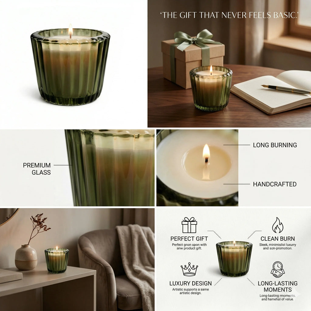 Musk Scallop Edge Ribbed Glass Soy Wax Candle | Festive Gift — Hand-Blown Glass from Firozabad, India — Light & Shadow