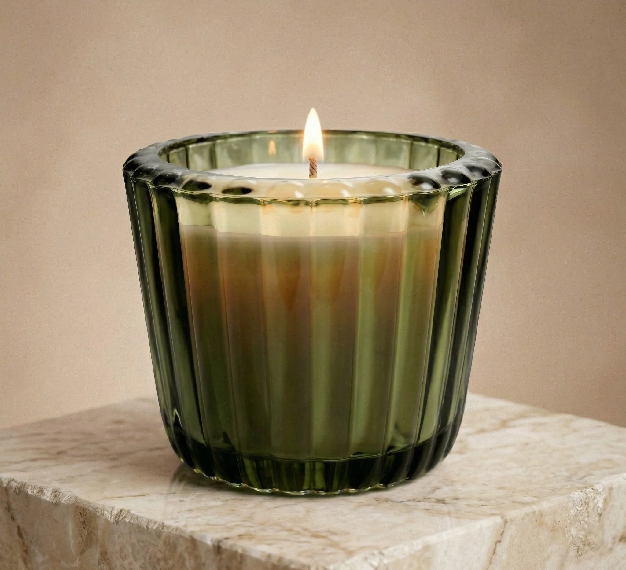 Musk Scallop Edge Ribbed Glass Soy Wax Candle | Festive Gift — Hand-Blown Glass from Firozabad, India — Gifting Presentation