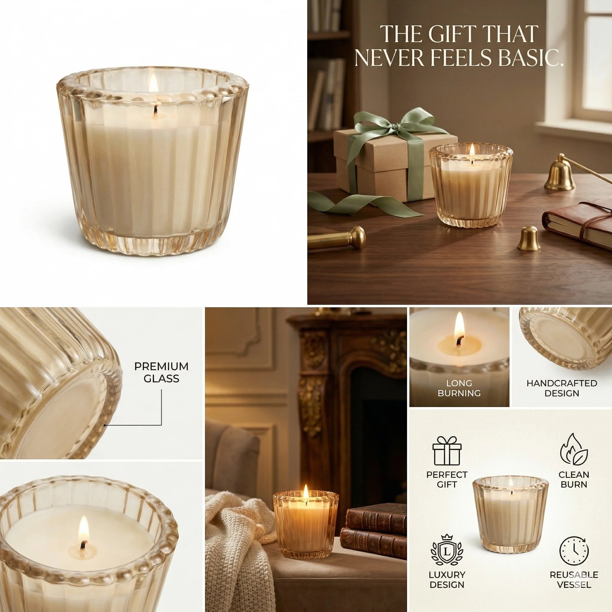Musk Scallop Edge Ribbed Glass Soy Wax Candle | Festive Gift — Hand-Blown Glass from Firozabad, India — In a Living Space