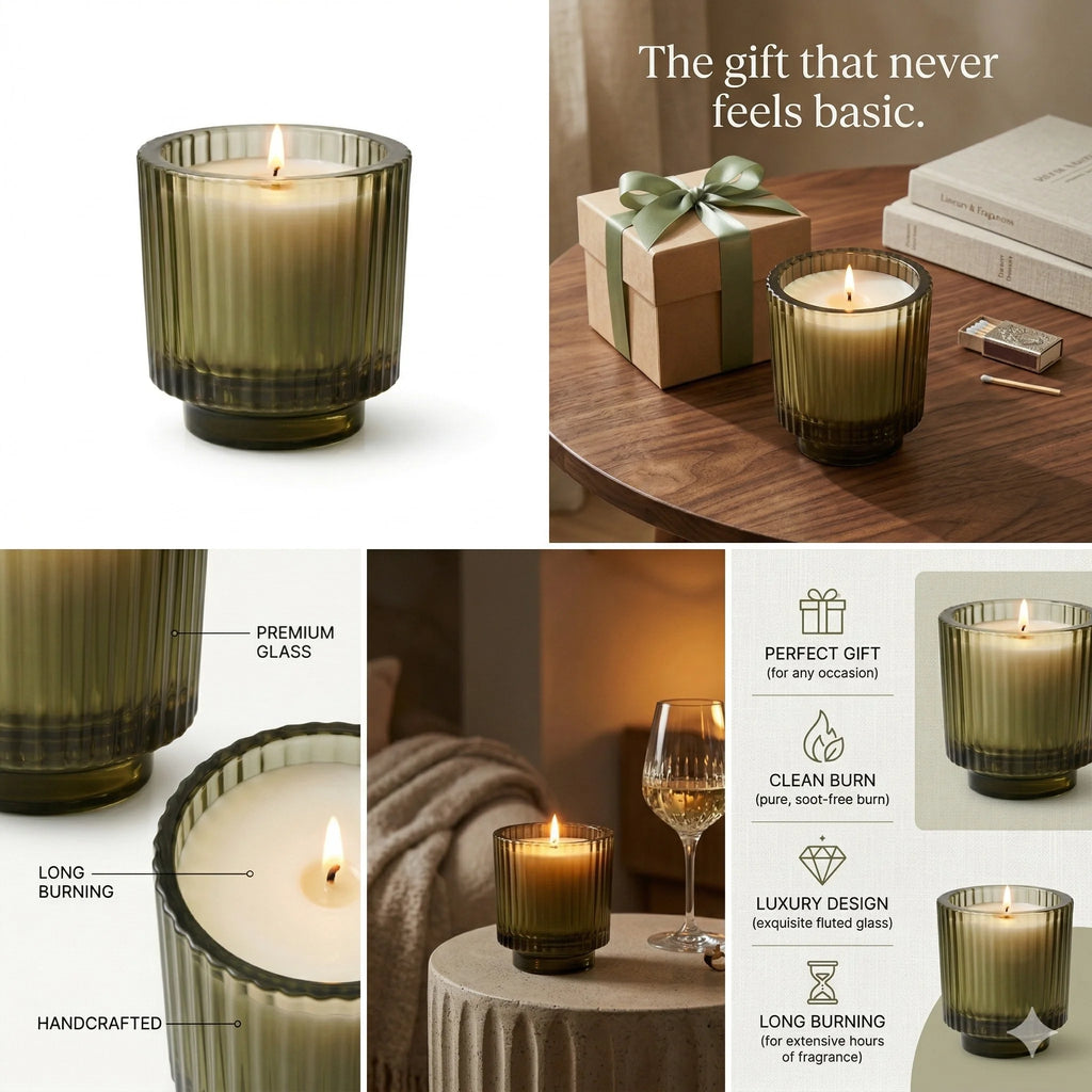 Lavender Classic Ribbed Glass Soy Wax Candle | 5 Colours — Hand-Blown Glass from Firozabad, India — Festive Styling