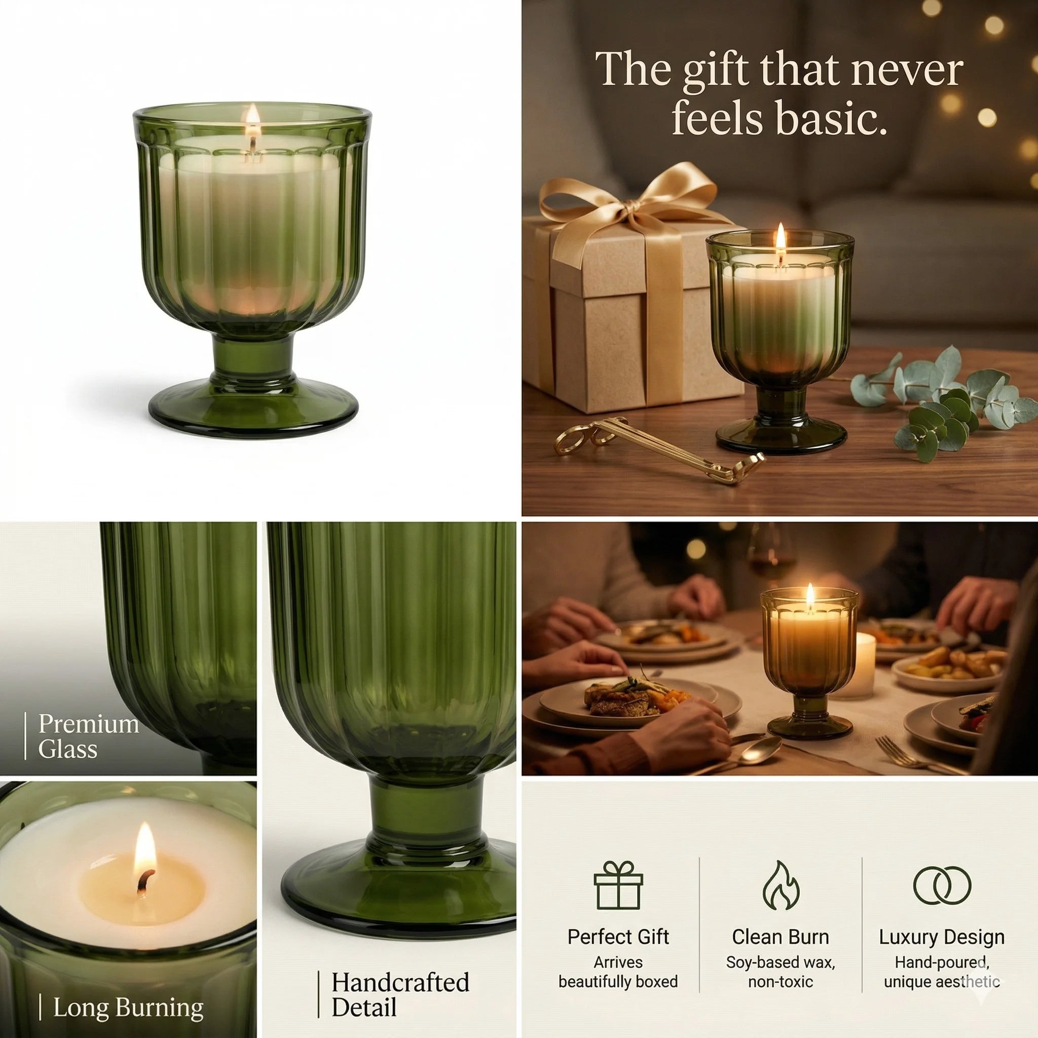 Sandalwood Goblet Glass Soy Wax Candle | Luxury Home Décor — Hand-Blown Glass from Firozabad, India — Gifting Presentation
