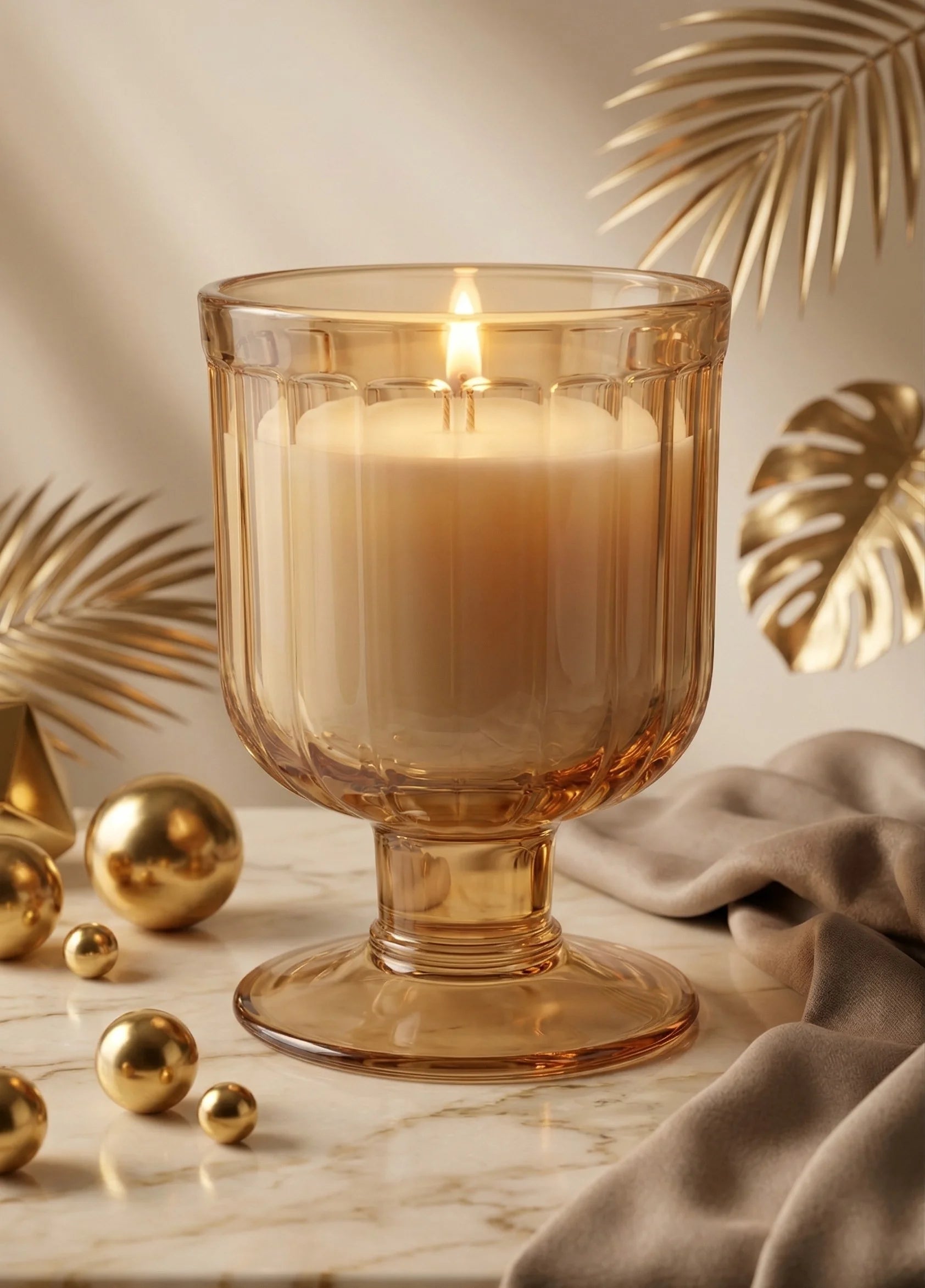 Sandalwood Goblet Glass Soy Wax Candle | Luxury Home Décor — Hand-Blown Glass from Firozabad, India — Texture & Craftsmanship