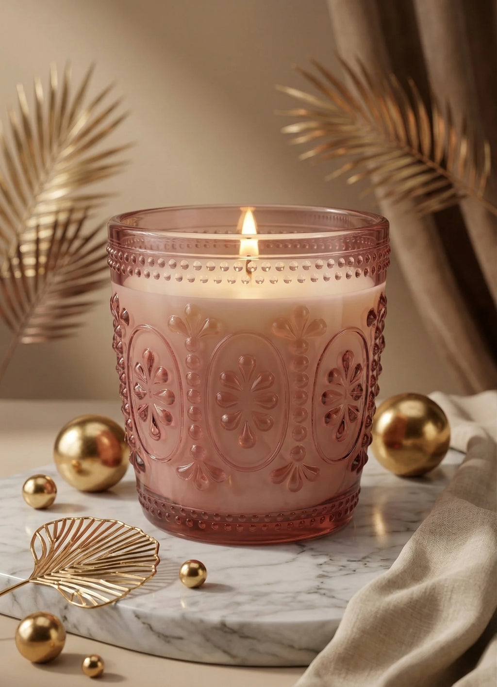 Jasmine Baroque Embossed Glass Soy Wax Candle | Luxury Gift — Hand-Blown Glass from Firozabad, India — Colour Variant
