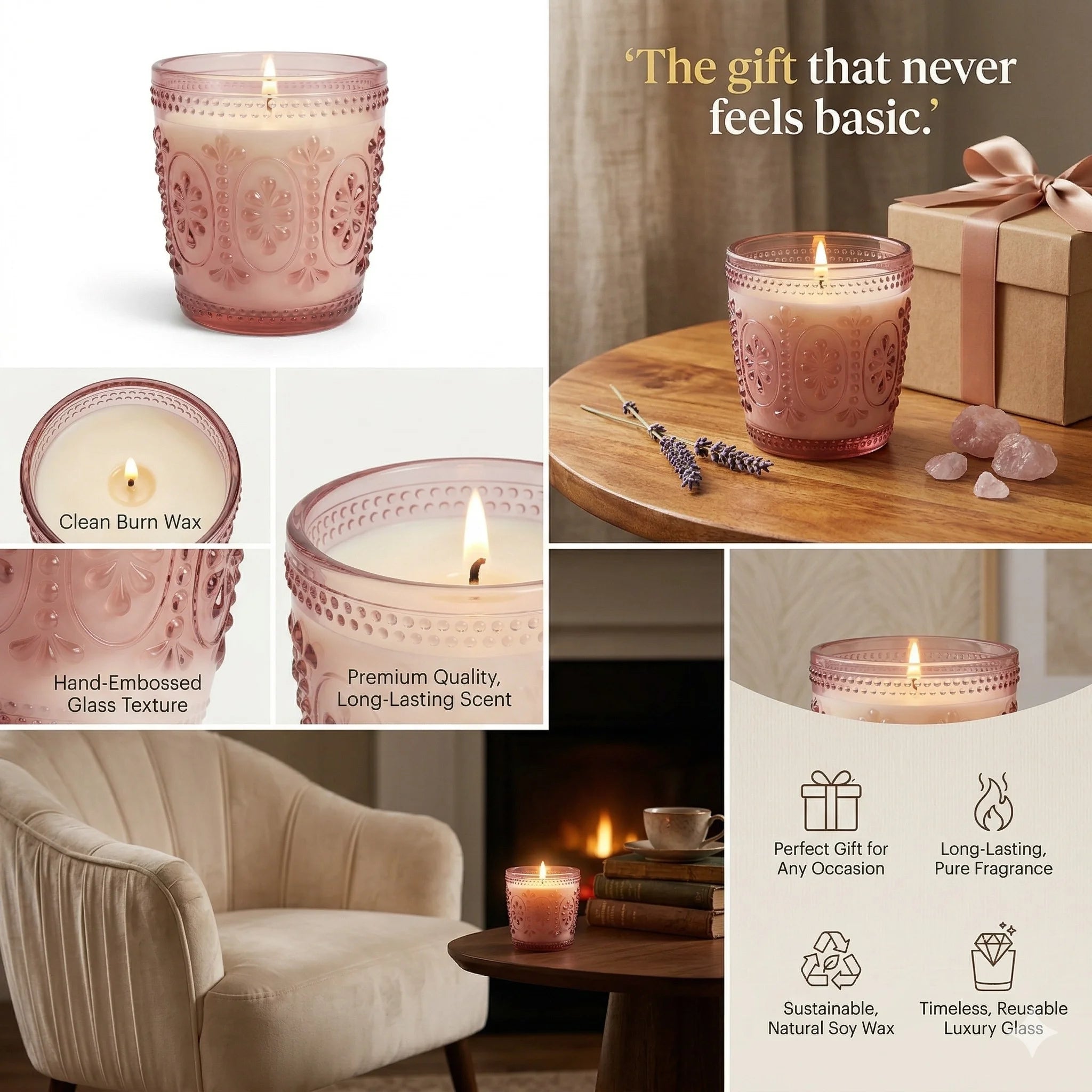 Jasmine Baroque Embossed Glass Soy Wax Candle | Luxury Gift — Hand-Blown Glass from Firozabad, India — Light & Shadow