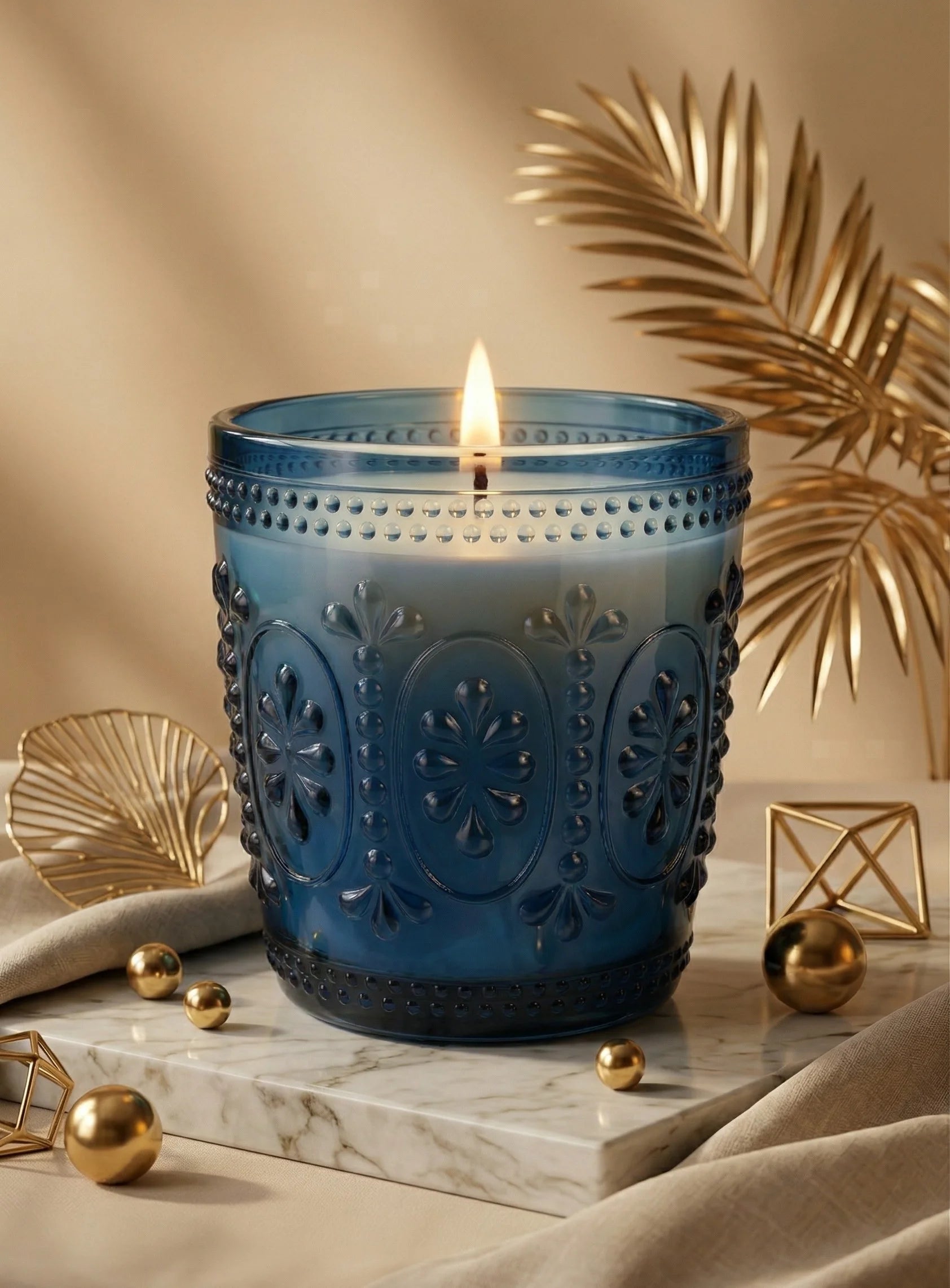Jasmine Baroque Embossed Glass Soy Wax Candle | Luxury Gift — Hand-Blown Glass from Firozabad, India — Festive Styling