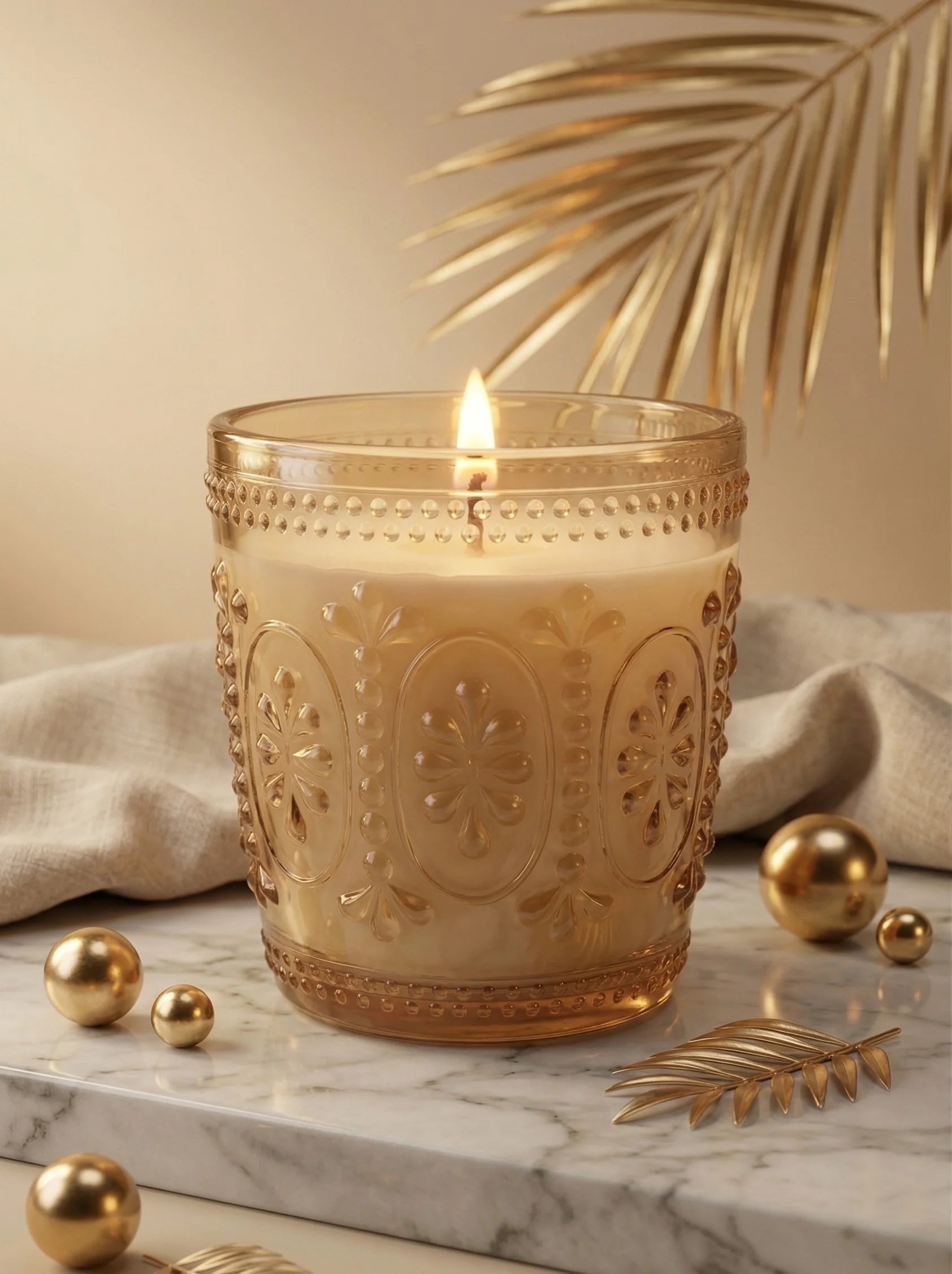 Jasmine Baroque Embossed Glass Soy Wax Candle | Luxury Gift — Hand-Blown Glass from Firozabad, India — Gifting Presentation