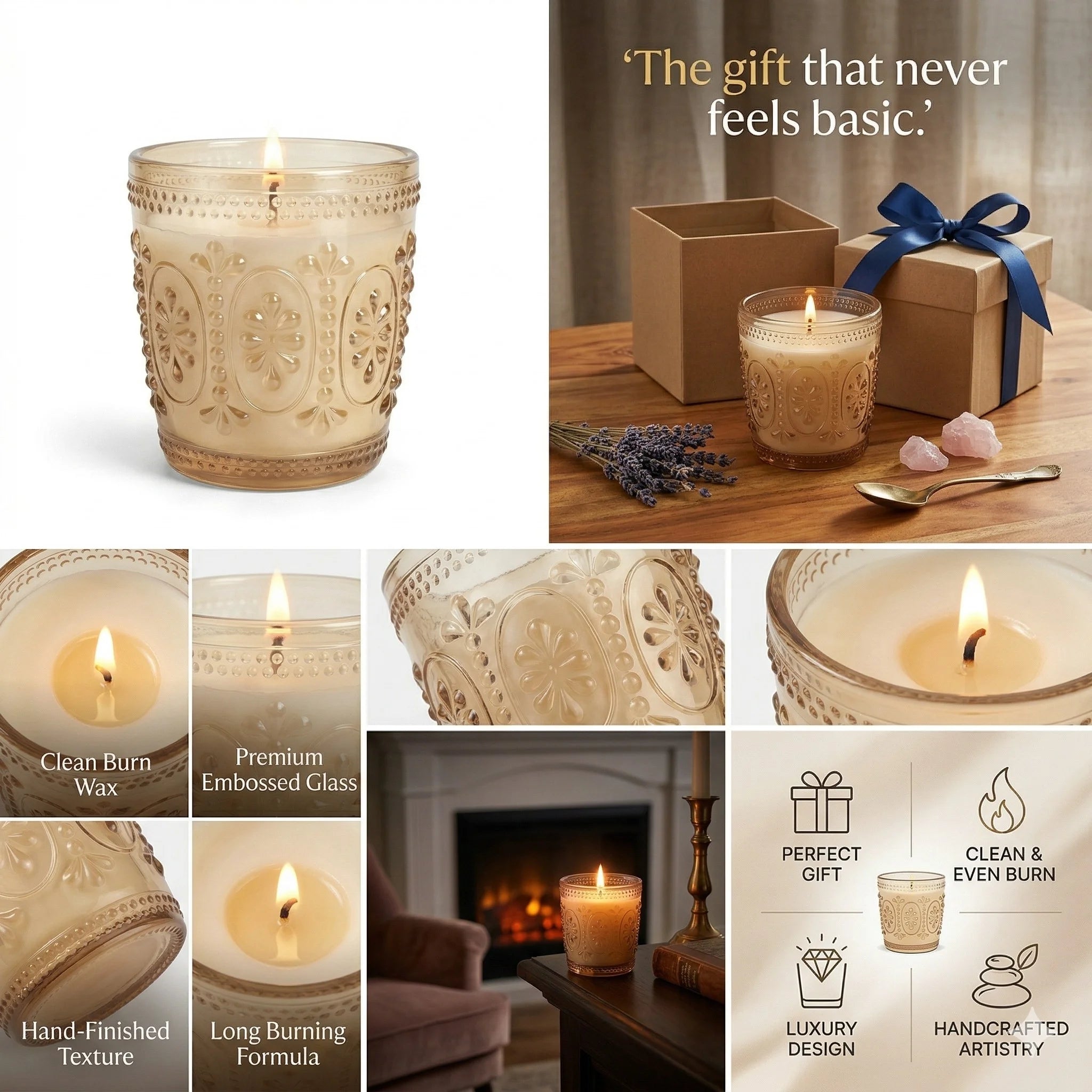 Jasmine Baroque Embossed Glass Soy Wax Candle | Luxury Gift — Hand-Blown Glass from Firozabad, India — In a Living Space