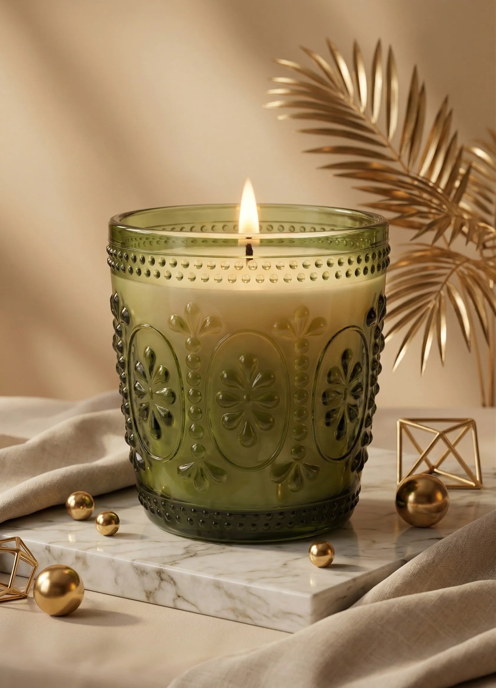 Jasmine Baroque Embossed Glass Soy Wax Candle | Luxury Gift — Hand-Blown Glass from Firozabad, India — Top View