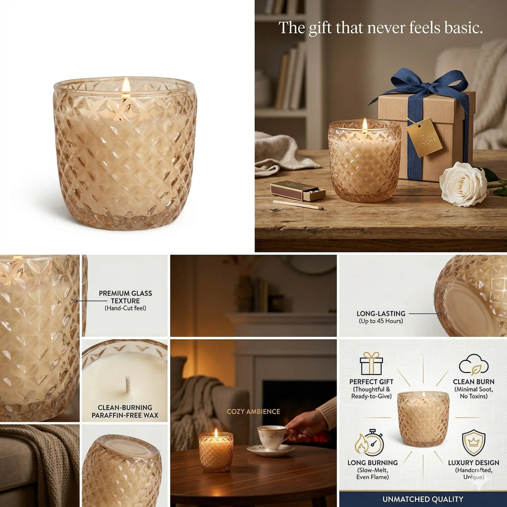 Sandalwood Diamond Crosshatch Glass Soy Wax Candle | Premium Gift — Hand-Blown Glass from Firozabad, India — In a Living S...