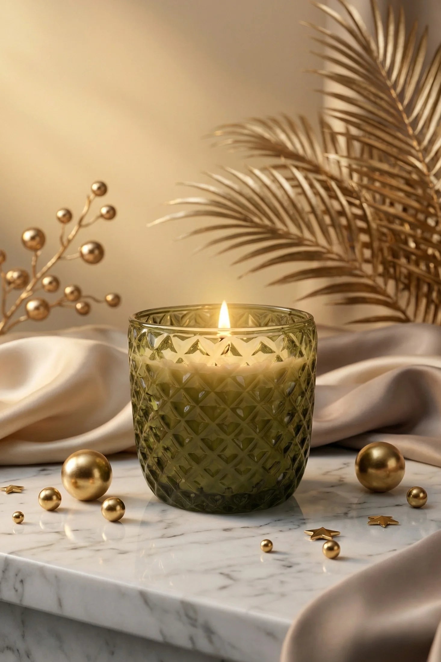 Sandalwood Diamond Crosshatch Glass Soy Wax Candle | Premium Gift — Hand-Blown Glass from Firozabad, India — Top View