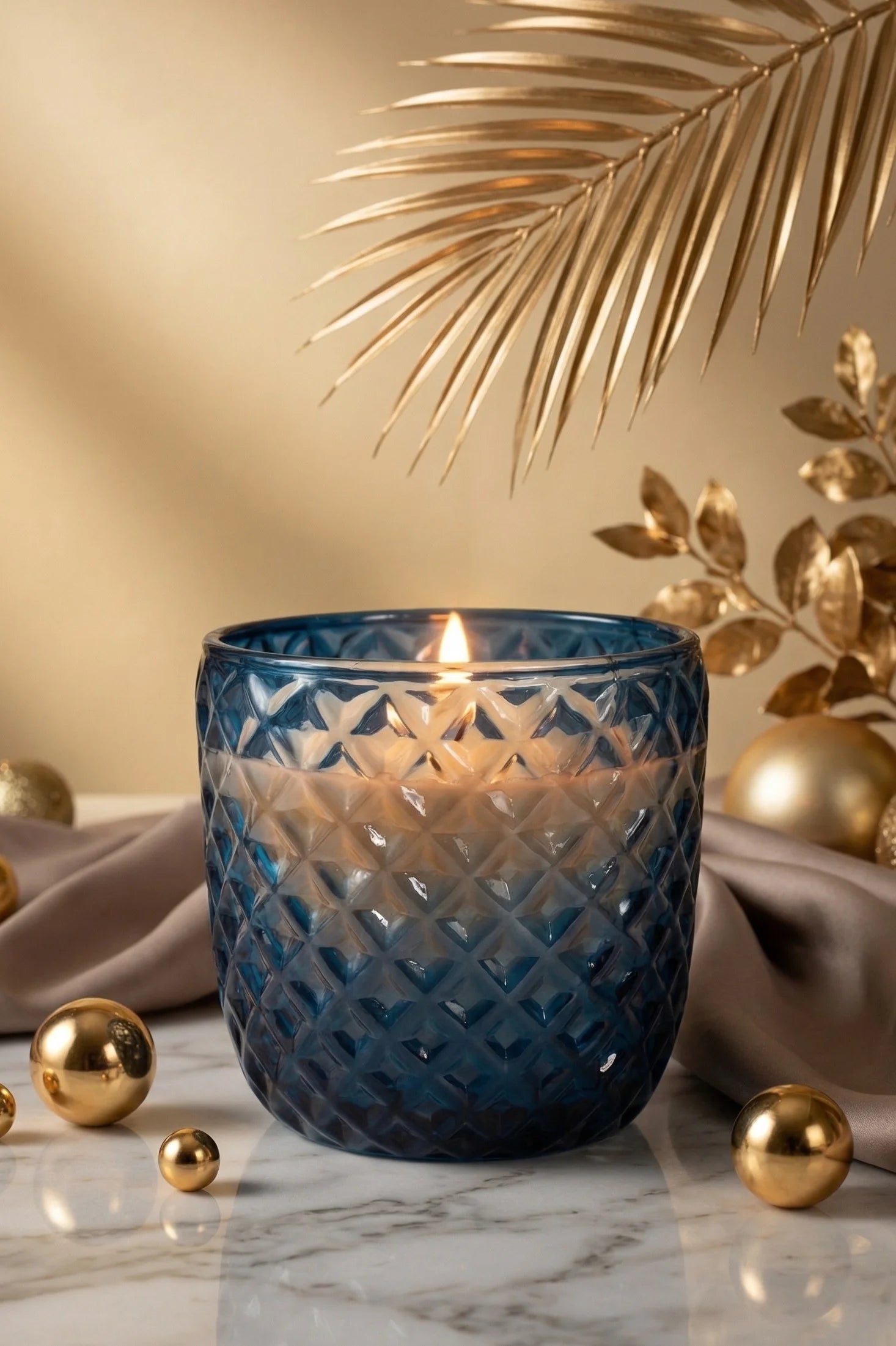 Sandalwood Diamond Crosshatch Glass Soy Wax Candle | Premium Gift — Hand-Blown Glass from Firozabad, India — Festive Styling