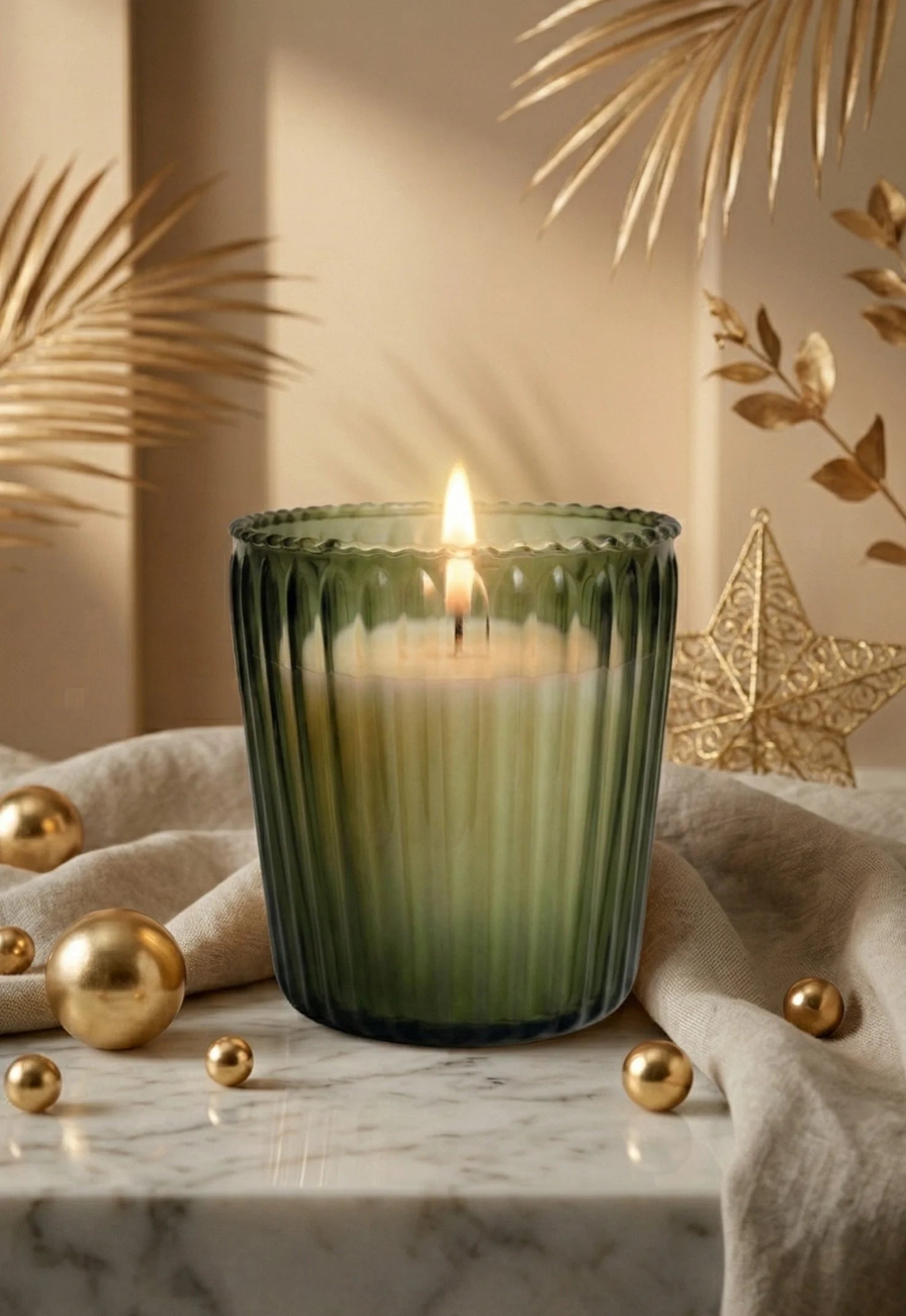 Vanilla Scallop Rim Ribbed Glass Soy Wax Candle | 4 Colours — Hand-Blown Glass from Firozabad, India — Top View