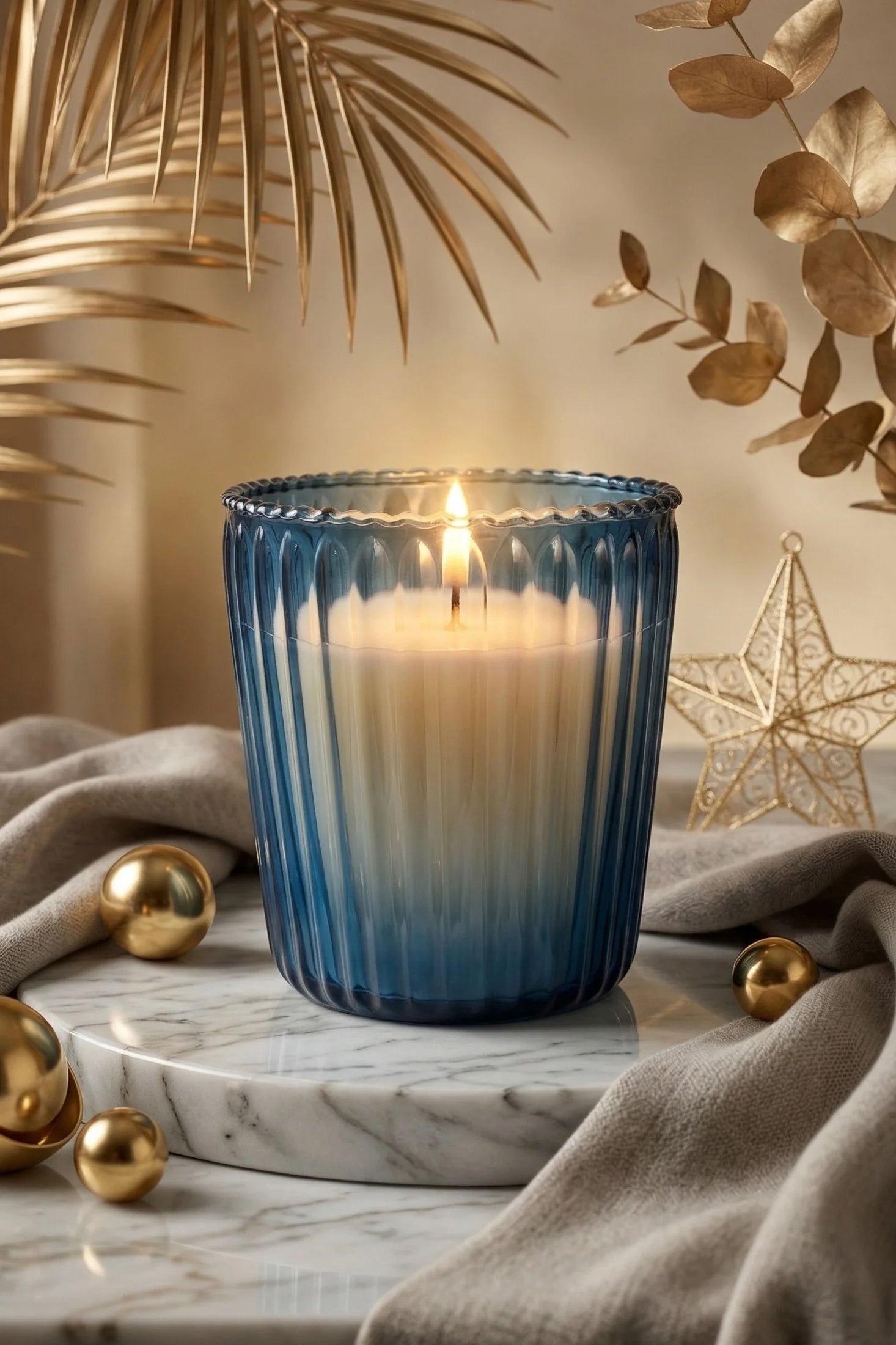Vanilla Scallop Rim Ribbed Glass Soy Wax Candle | 4 Colours — Hand-Blown Glass from Firozabad, India — Festive Styling