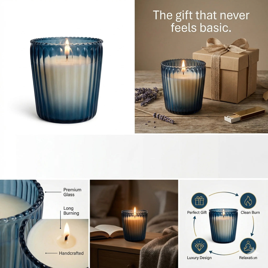 Vanilla Scallop Rim Ribbed Glass Soy Wax Candle | 4 Colours — Hand-Blown Glass from Firozabad, India — In a Living Space