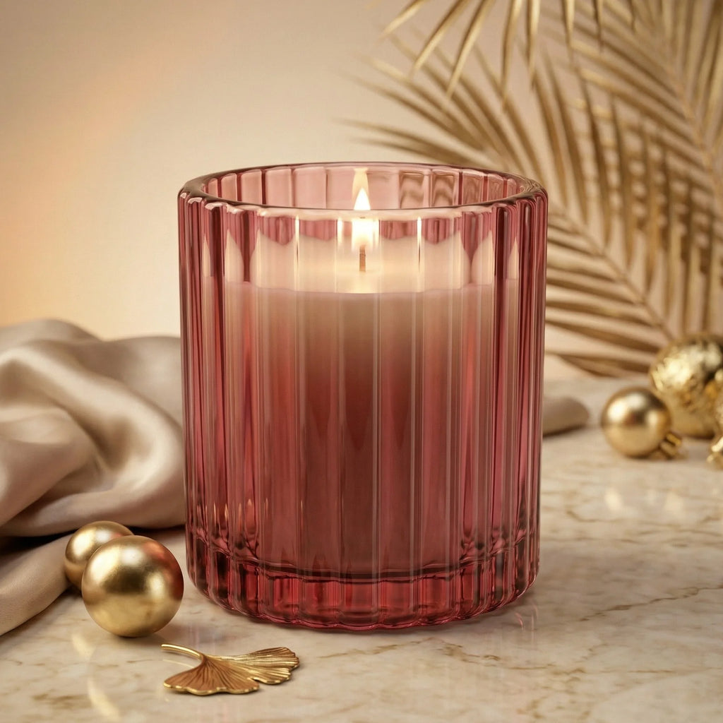 Sandalwood Ribbed Glass Candle | Luxury Gift & Home Décor — Hand-Blown Glass from Firozabad, India — Colour Variant