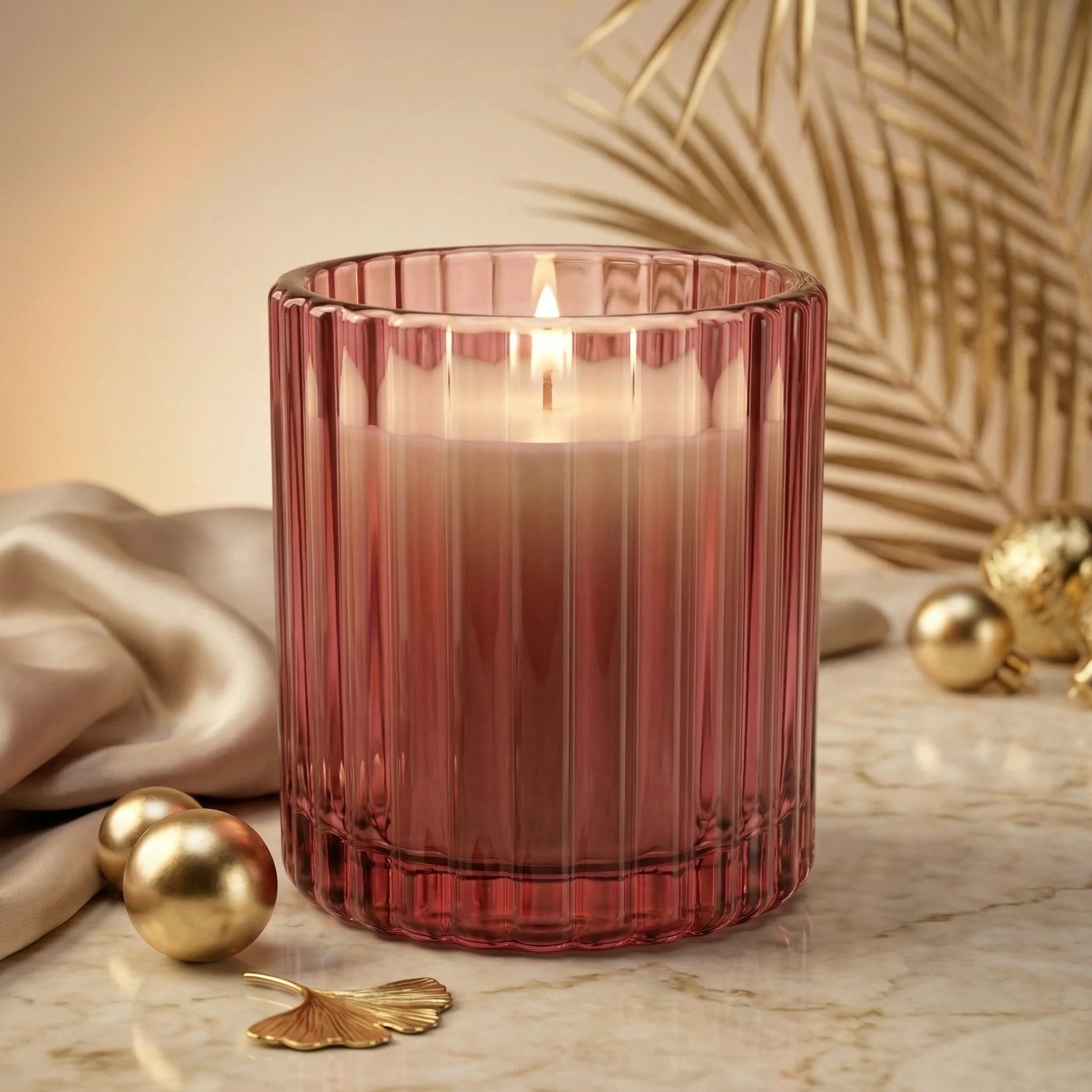 Sandalwood Ribbed Glass Candle | Luxury Gift & Home Décor — Hand-Blown Glass from Firozabad, India — Colour Variant