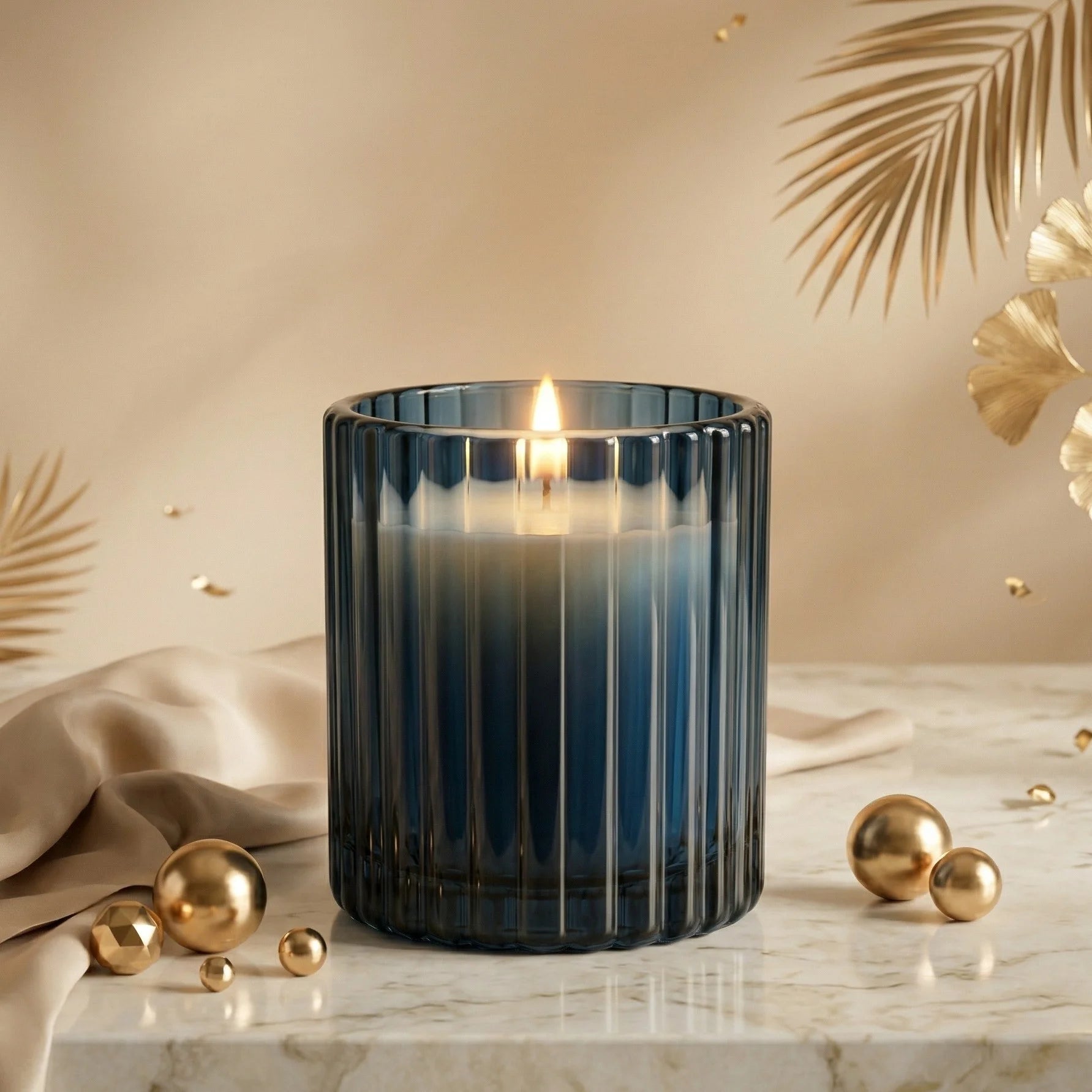 Sandalwood Ribbed Glass Candle | Luxury Gift & Home Décor — Hand-Blown Glass from Firozabad, India — Top View